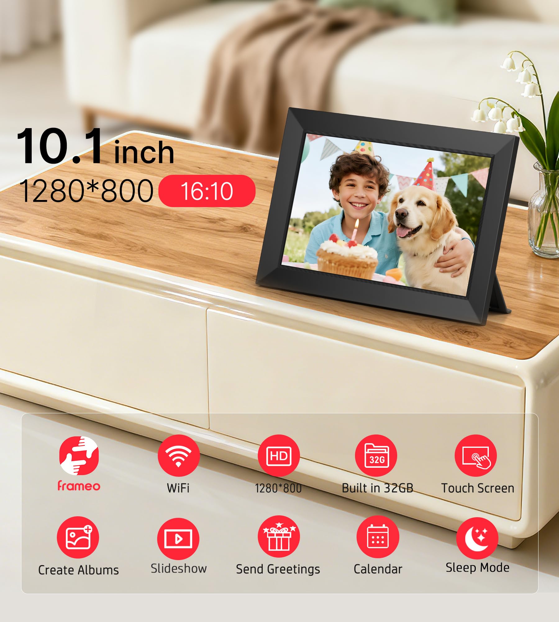 Frameo 10,1 Zoll WiFi Digitaler Bilderrahmen, 1280x800 HD IPS Touchscreen Foto Rahmen, 32GB Speicher, Automatische Rotation, Wandmontagefähig, Teilen Sie Fotos sofort von überall aus