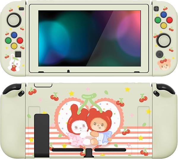 playvital ZealProtect Soft Protective Case for Nintendo Switch, Flexible Cover Protector for Switch with Screen Protector & Thumb Grip Caps & ABXY Direction Button Caps - Cherry Bunny & Cherry Bear - 1