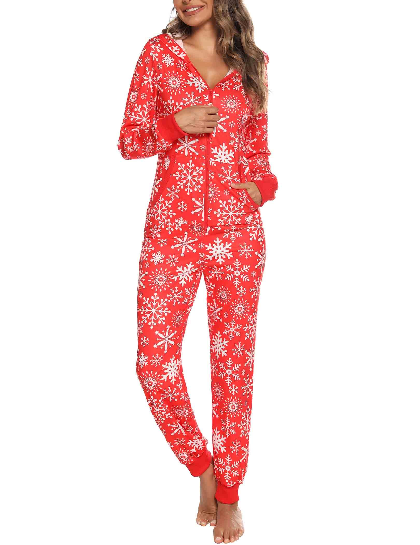 Damen Jumpsuit Onesie Overall One Piece Pyjamas Weihnachten Jumpsuit Hausanzug Schlafanzug Ganzkörperanzug Freizeitanzug Nachtwäsche Mit Kapuze & Reißverschluss