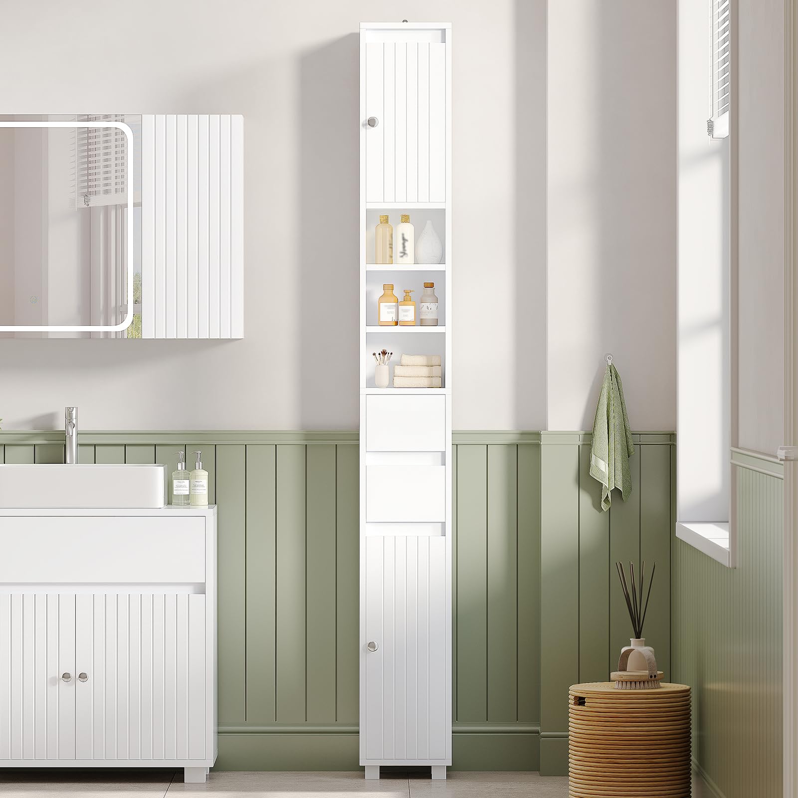 Meuble Colonne de Salle de Bain, Meuble de Rangement avec Étagères Réglables, 2 Tiroirs, Compartiments Ouverts, Armoire Toilette Haute pour Les Petits Espaces, Blanc, 20 x 20 x 180 cm