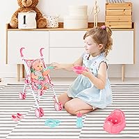 Vista 7 de deAO Muñeca de bebé, cochecito de cuna, cama de guardería, juego de rol, accesorios para muñecas y tapete de juego, cuna de viaje, cochecito
