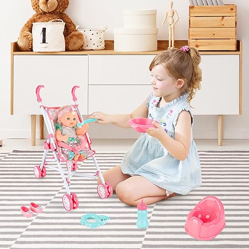 Miniatura 7 de deAO Muñeca de bebé, cochecito de cuna, cama de guardería, juego de rol, accesorios para muñecas y tapete de juego, cuna de viaje, cochecito