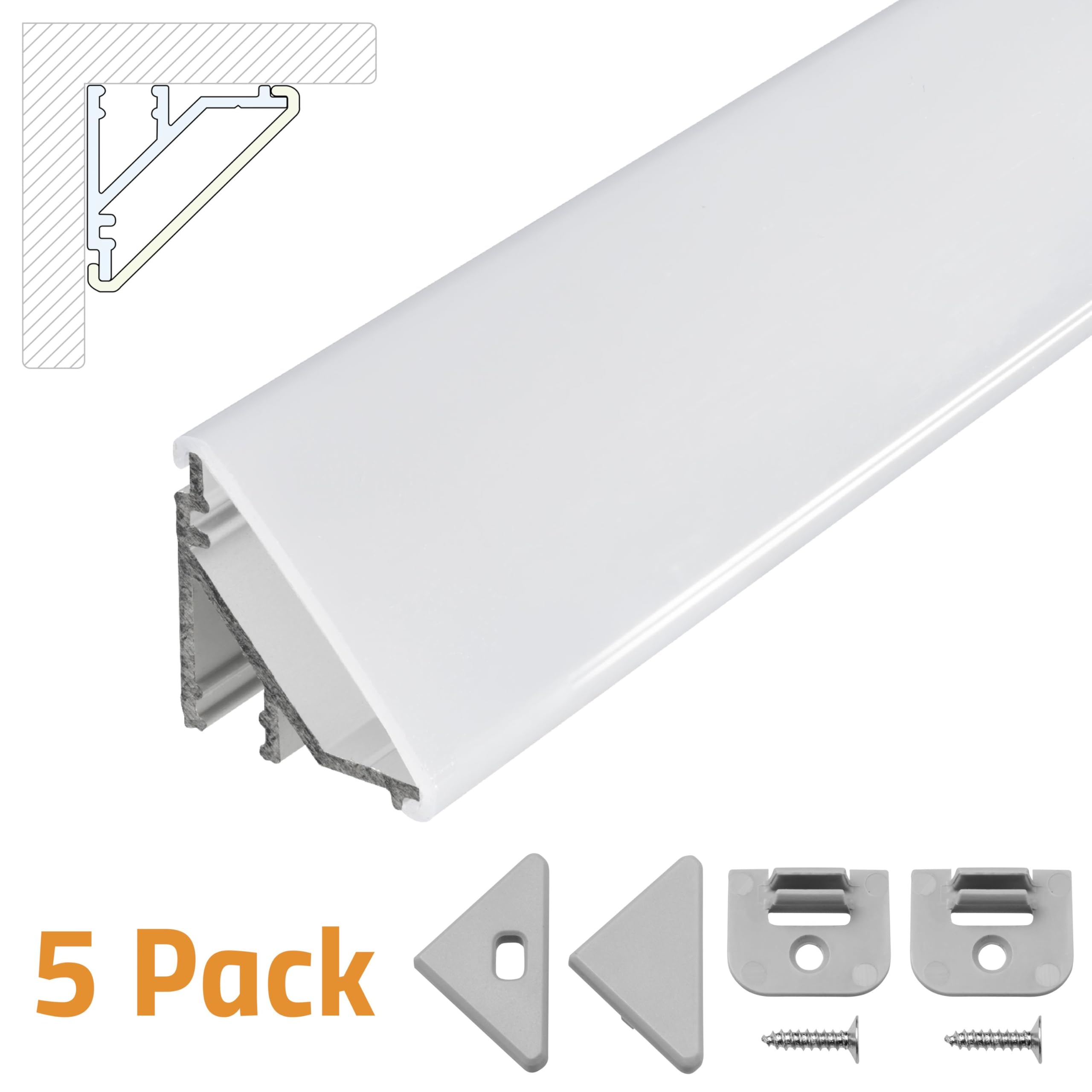 Brollux Perfil de esquina LED V24, juego de 5 m (5 x 1 m), perfil de aluminio de 45 grados para tiras de luces LED, sin bombilla