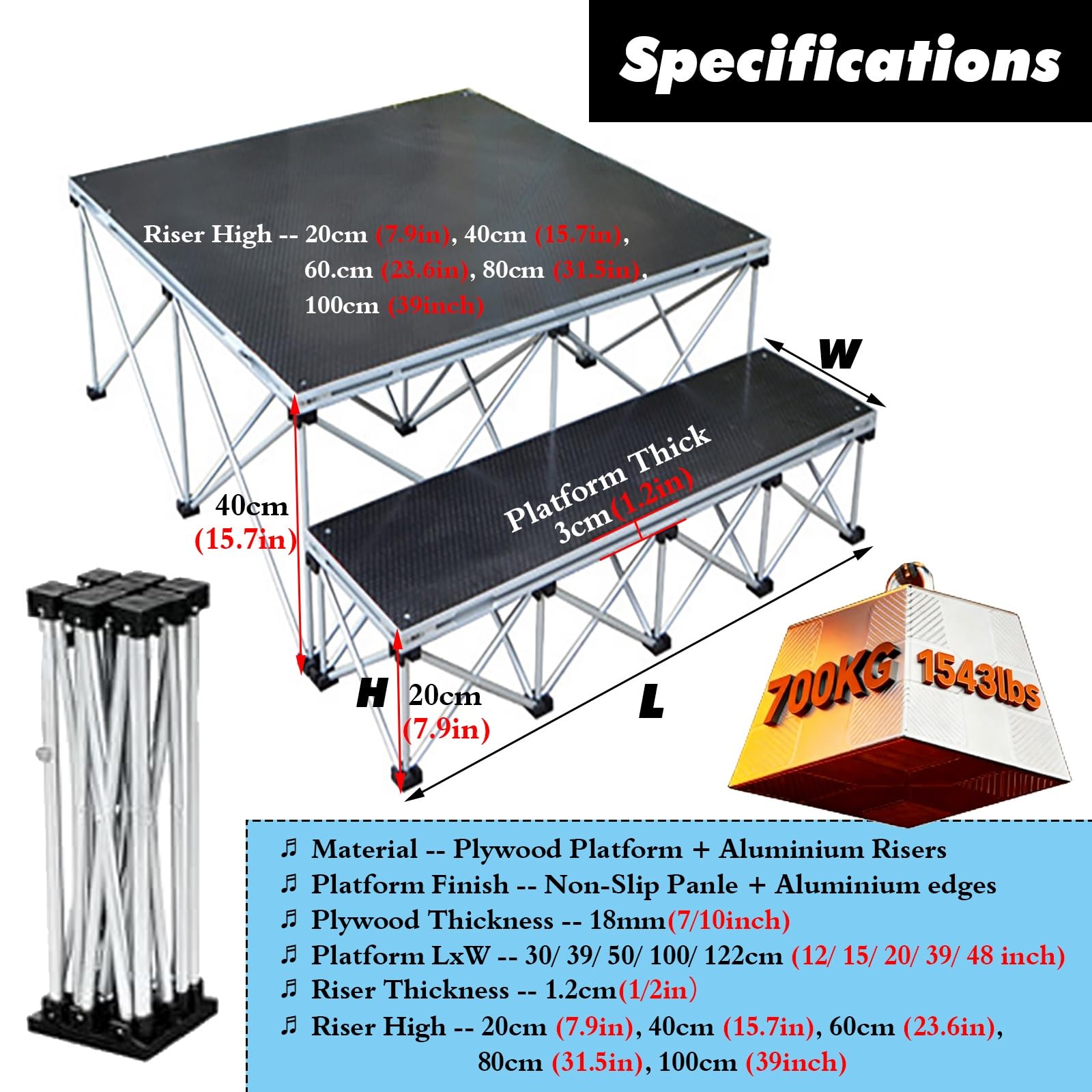 Palco Modulare Piattaforma per palco pieghevole grande da 30, 39, 50, 100, 122 cm, unità modulare, supporto per palcoscenici retrattili compatto in alluminio(H - 16 in/40 cm,20x39in/50x100cm)