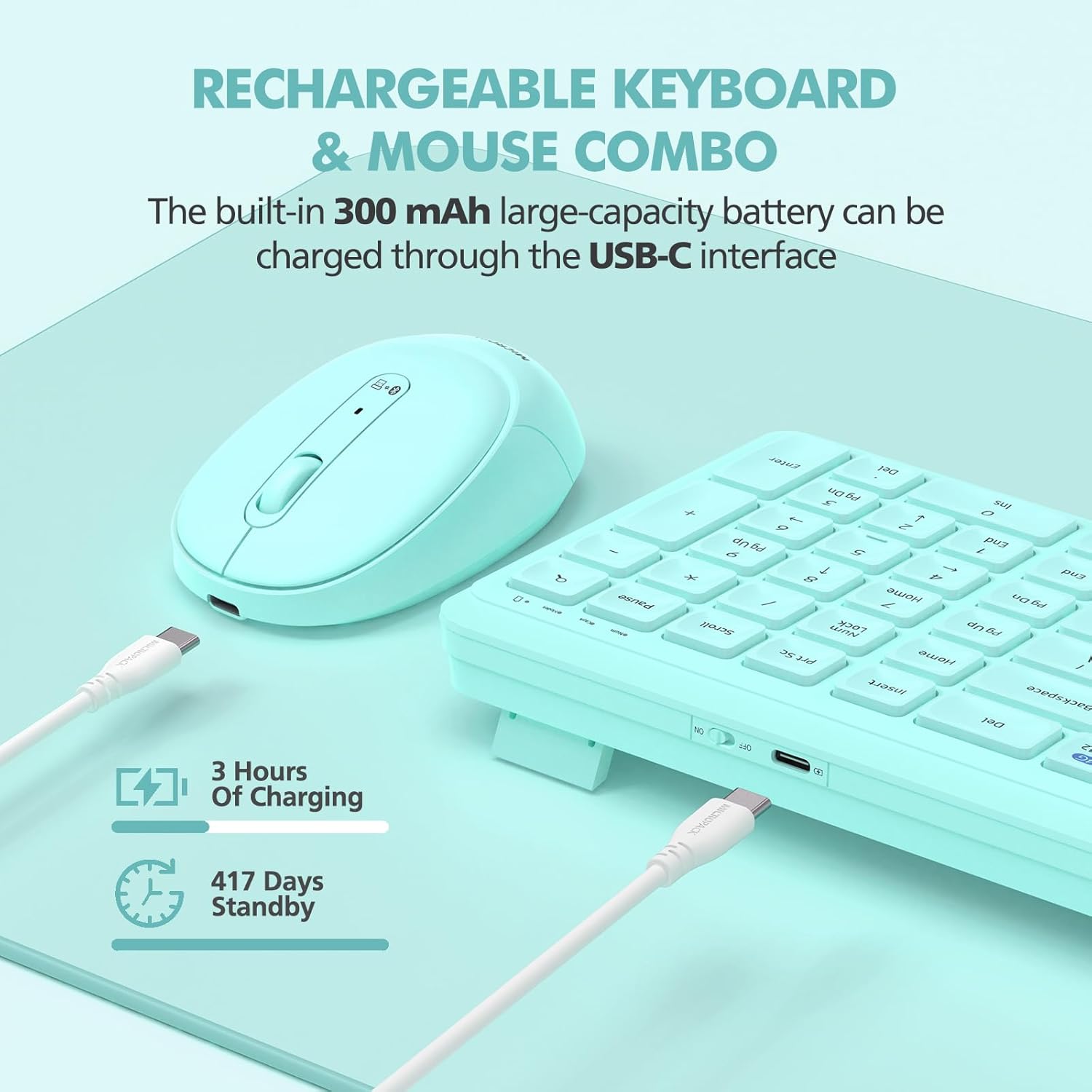 Teal Wireless Keyboard and Mouse Combo for Desktop Mac iPad Bluetooth 2.4 Ghz Rechargeable Slim Silent Click with Number Pad Compatible with Pc, Laptop, Tablet (Green)