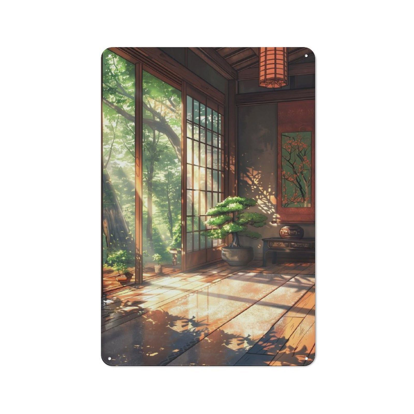 Rustic Japanese House in Forest Tin Wall Sign 30x20cm, Kitchen Wall Decor for Bakery, Diner, Cafe Or Family Room