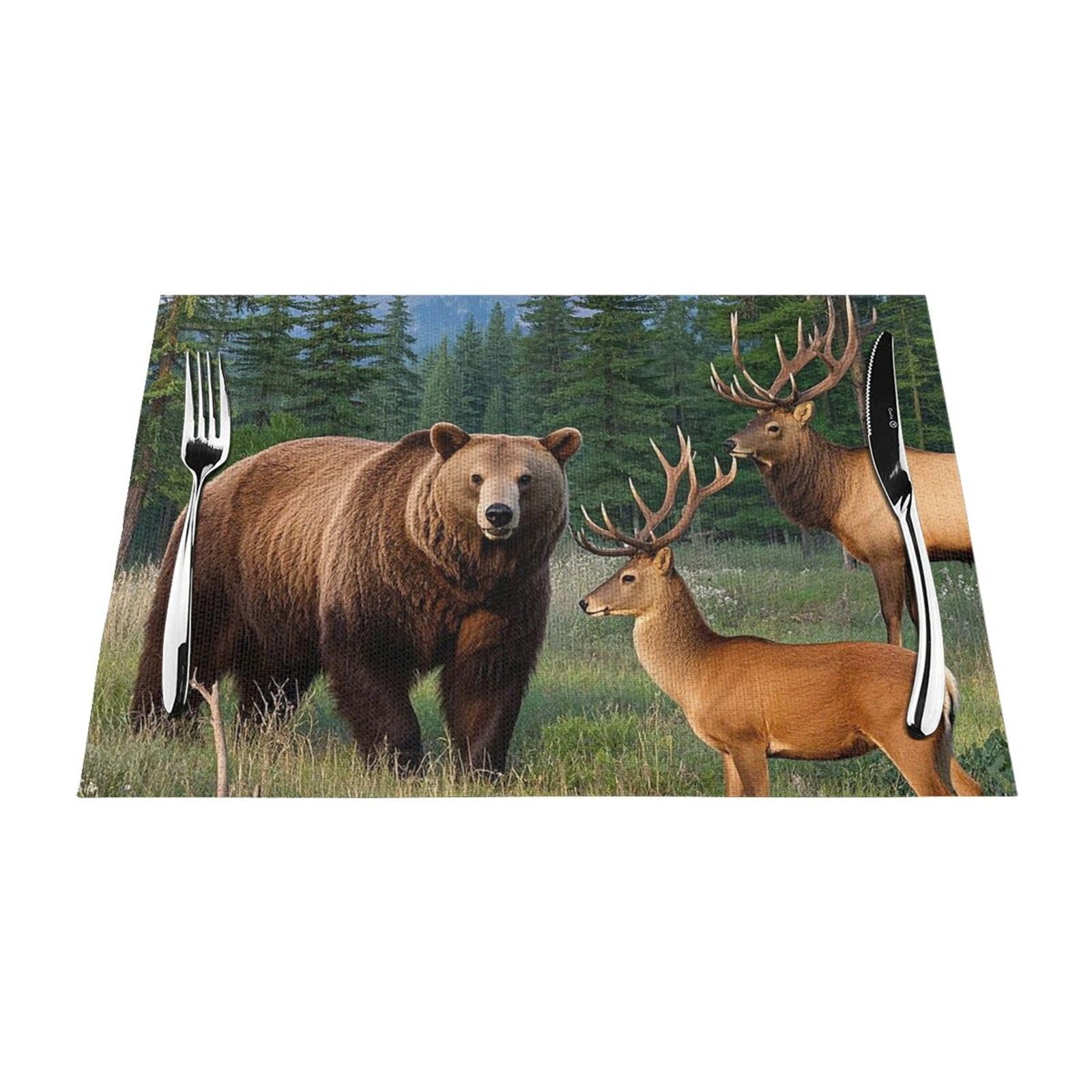 Vintage Bear Deer Country Wildlife Elk Forest Animals Placemats Set of 1 - Woven Vinyl Kitchen Table Placemats - Heat Resistant Non-Slip Place Mats for Dining Table, Washable Table Mats 12x18 Inch