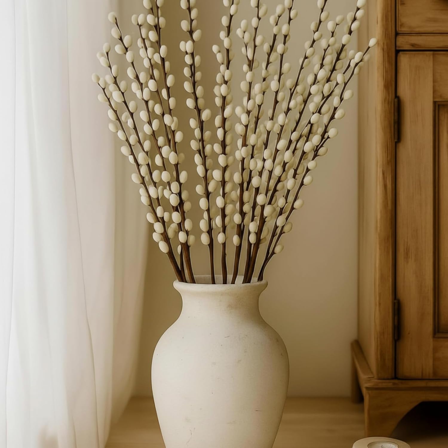 Thiccywoov 10 Stems 31.5 Inch Artificial Pussy Willow Branches for Vases Dried Flower Stem with White Flower Faux Snow Willow Branches for Indoor Outdoor Wedding Home Party Fireplace Yard Decoration