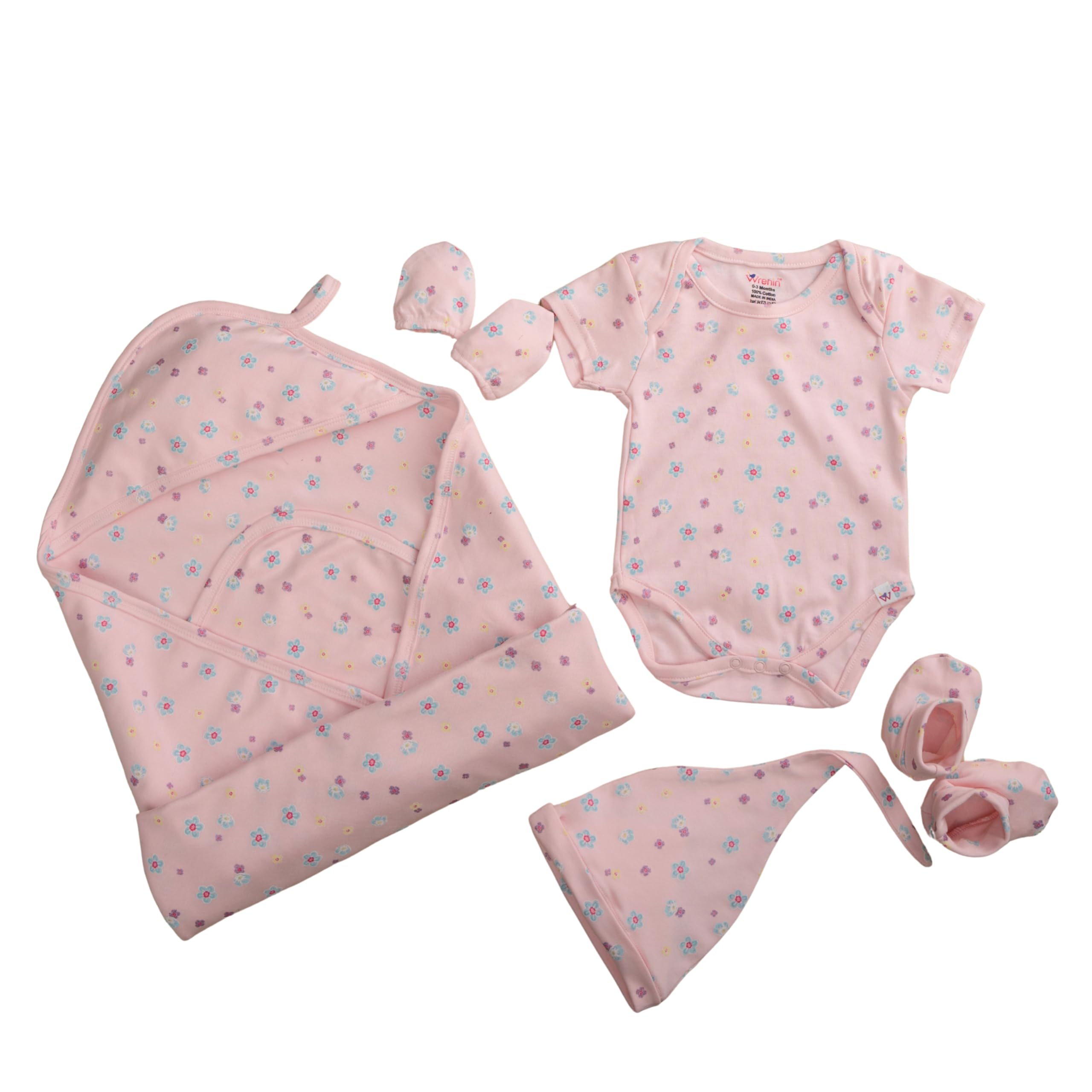 Wrenin Unisex Newborn Baby Kit – 100% Cotton Essentials Set for Baby Boys & Girls | Pattern : Blossom Bliss Set | Color : Pink | Size : 0-3 M-image-11