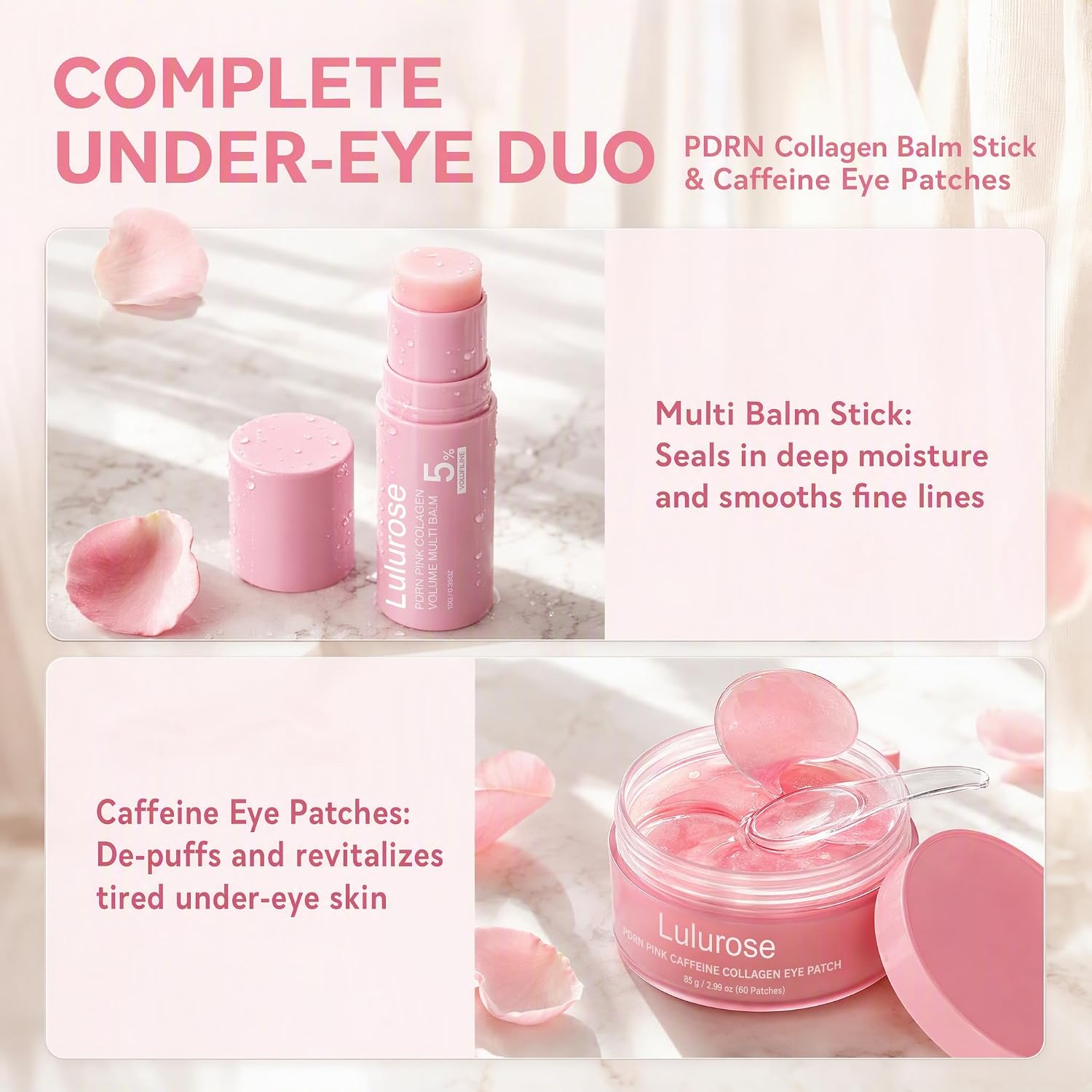 Lulurose PDRN Collagen Multi Balm Stick 0.35 Oz & PDRN Pink B12 & Caffeine Eye Patches 60 Patches Combo for Under Eye Care