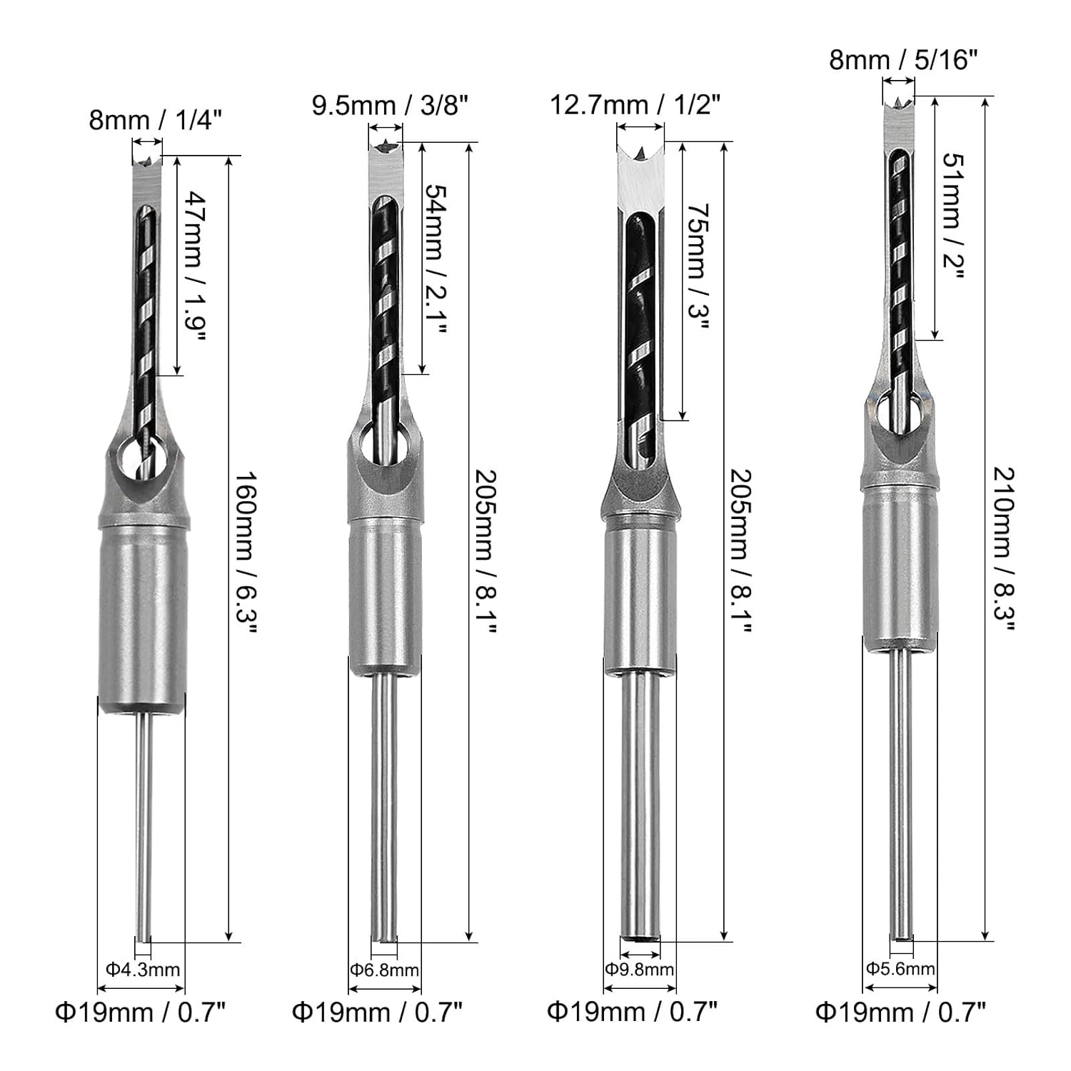 uxcell 4pcs Square Hole Drill Bit for Wood 1/2", 1/4", 3/8", 5/16" Hollow Chisel Mortiser Auger Spur Cutter Tool, High Carbon Steel for Woodworking Carpentry