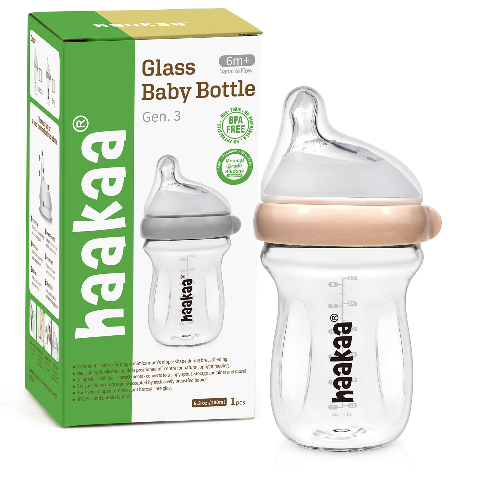 haakaa Gen.3 Natural Glass Baby Bottle Wide Neck Anti-Colic Variable Flow Nipple - Easy to Clean & Latch for 6M+ Breastfed Babies, Newborn Registry