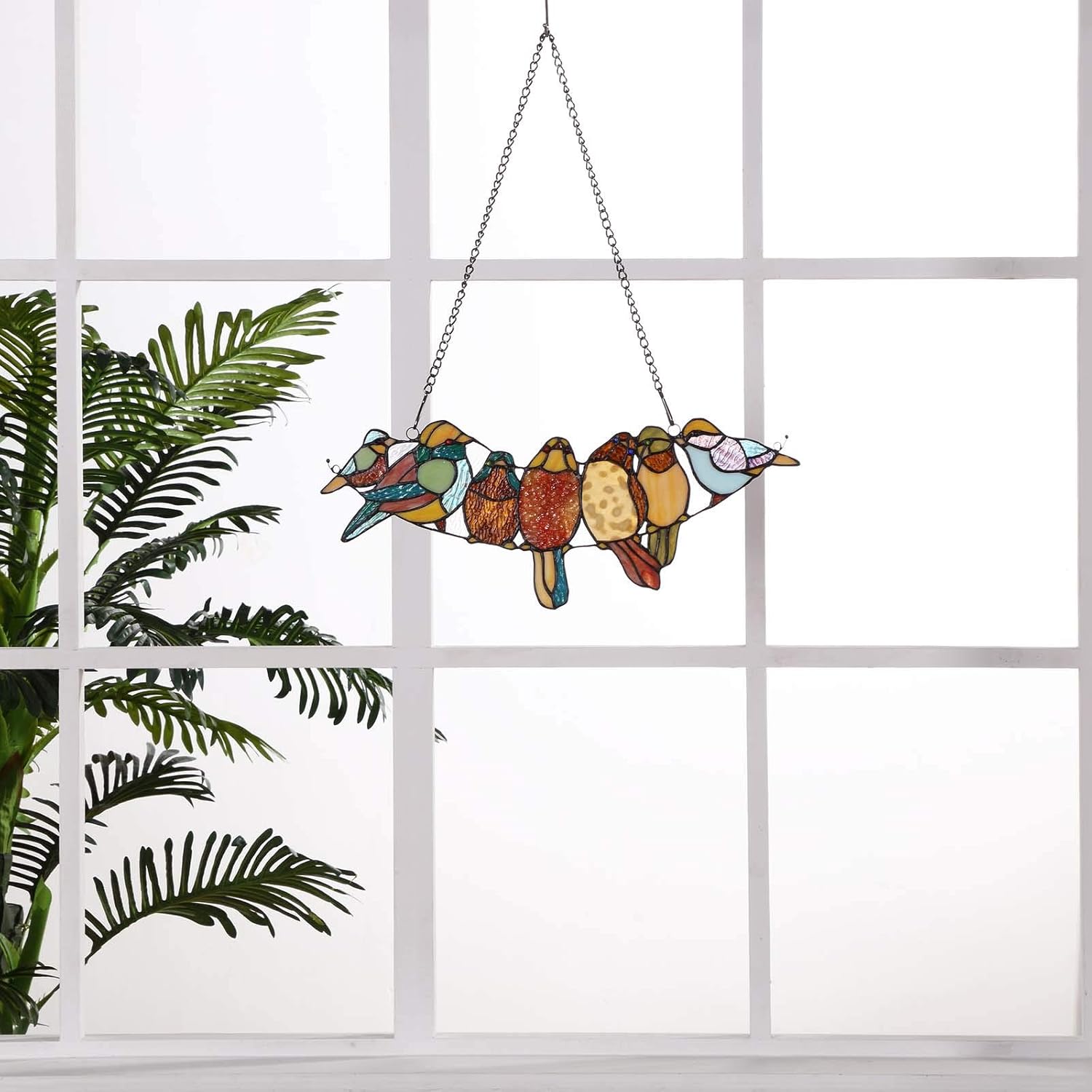 Bieye W10016 19 inches Tropical Birds Tiffany Style Stained Glass Window Panel with Chain, 7 Parrots