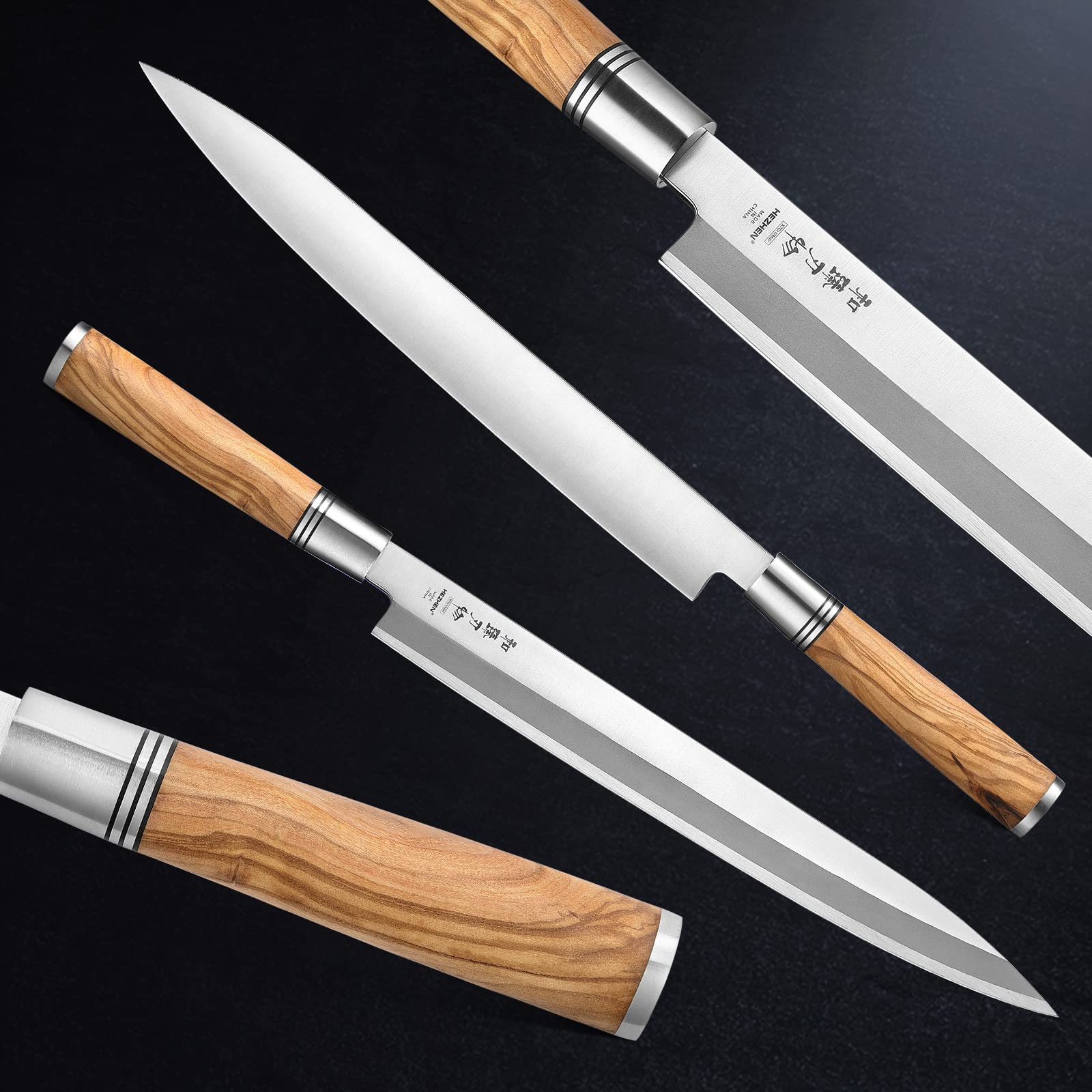 Couteau Yanagiba HEZHEN 300 mm, acier forgé, manche bois