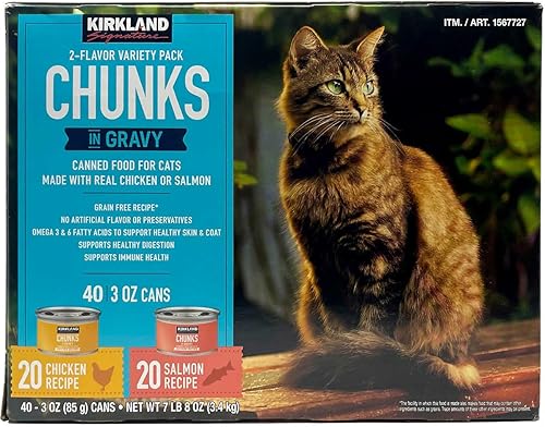 Kirkland Signature Alimento enlatado para gatos, trozos en salsa, variedad, 3 onzas (40 unidades)
