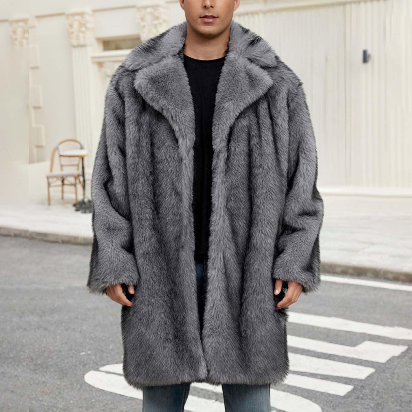 Abrigo de piel sintética para hombre, cárdigan largo de invierno con frente abierto, chaqueta de forro polar mullido, cuello vuelto, abrigo cálido, gabardina, gabardina, viajes, fiesta