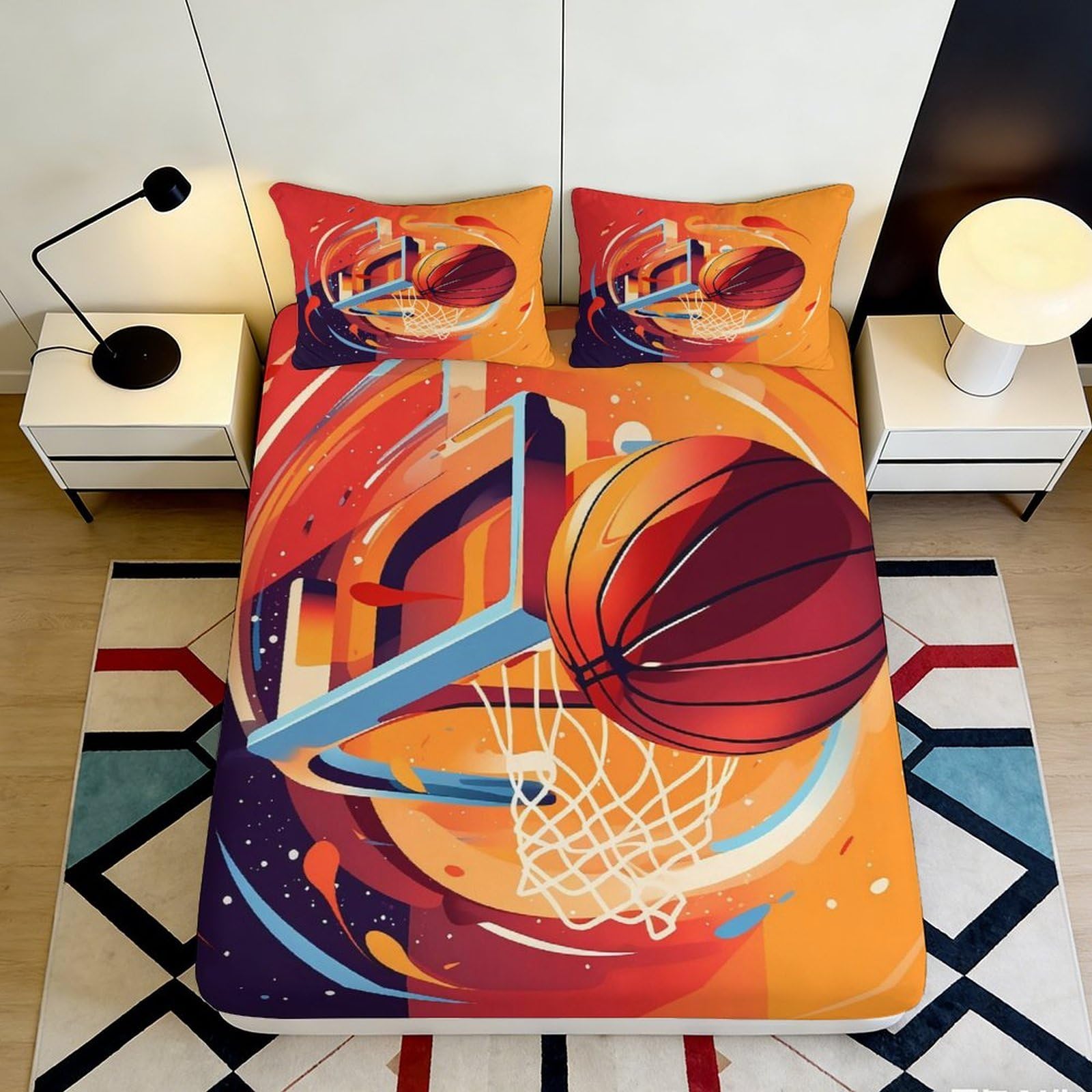 Jqzkxnhpbr Style-6 3D Printed Basketball Court Fitted Sheet Microfiber Soft Orange Slam Dunk Bed Cover For Bedroom Dorm Mattress Decor 90X200x25cm