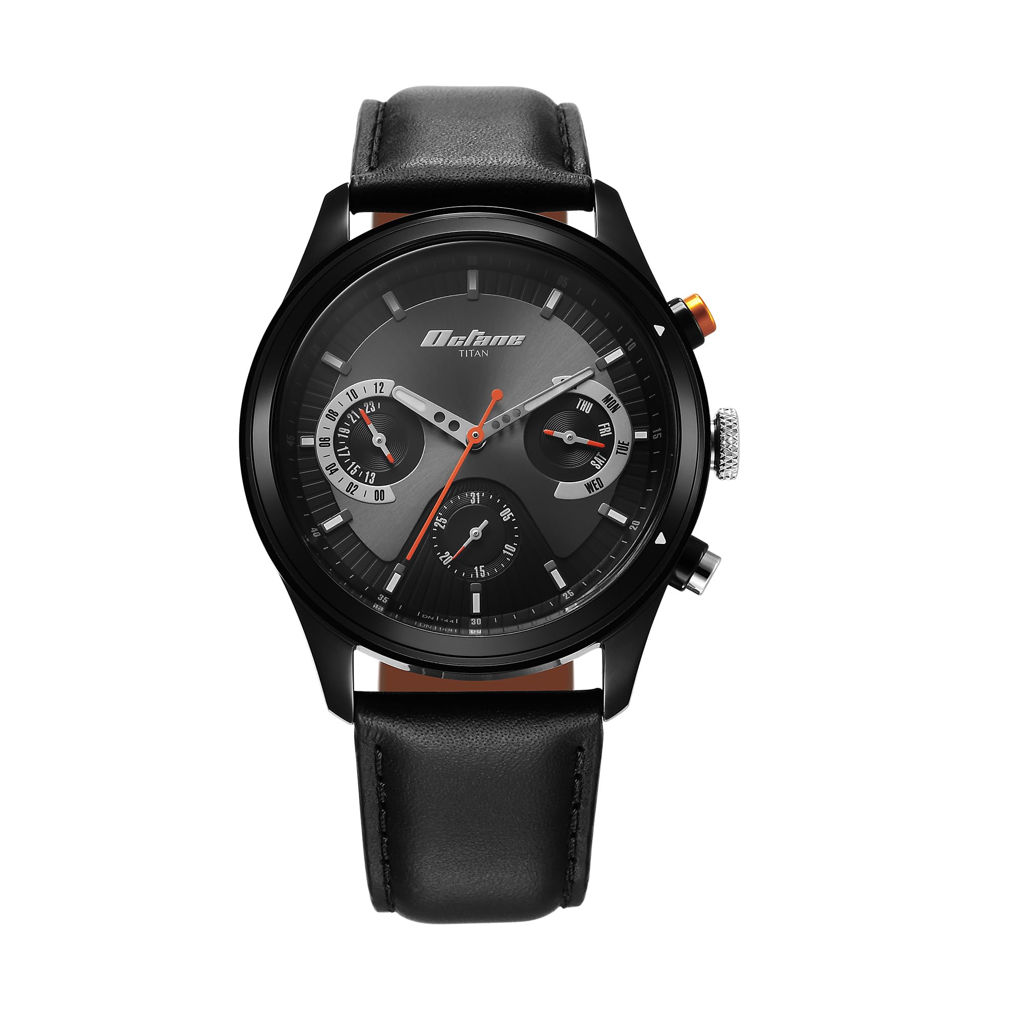 Titan Octane Quartz Multifunction Black Dial Black Leather Strap Watch for Men - NT1805KL02-image-18