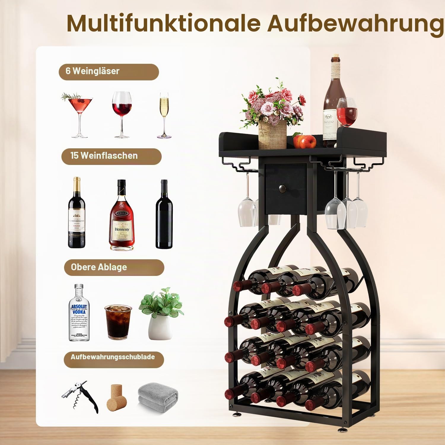 IBUYKE Weinregal Freistehend für 15 Flaschen,Mini Barregal,Schwarz TMJ908B