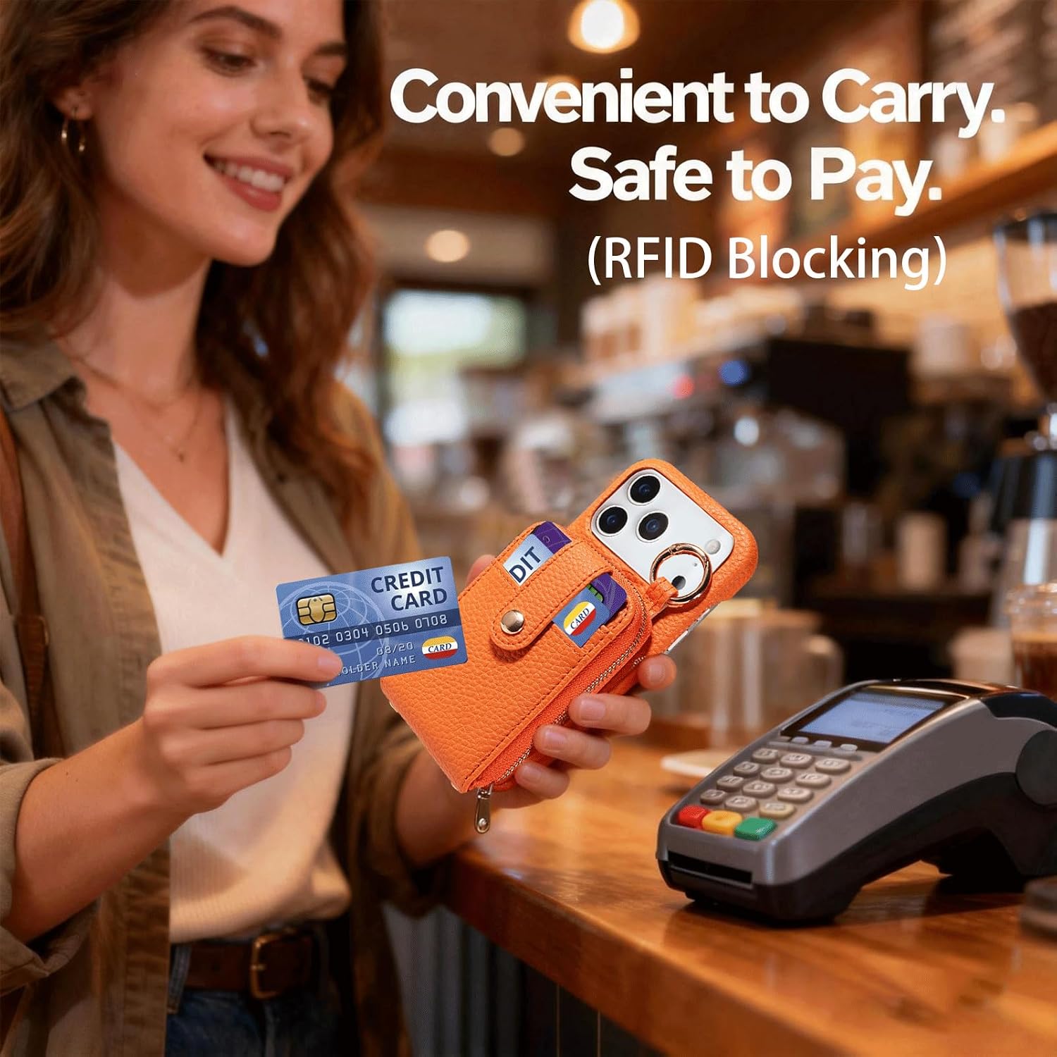 Wallet Case Compatible for iPhone 17 Pro Max Crossbody with Strap/Lanyard (Detachable), Leather Zipper Phone Purse with Card Slots Holder, Drop Protection – Stylish Gift for Women, Orange