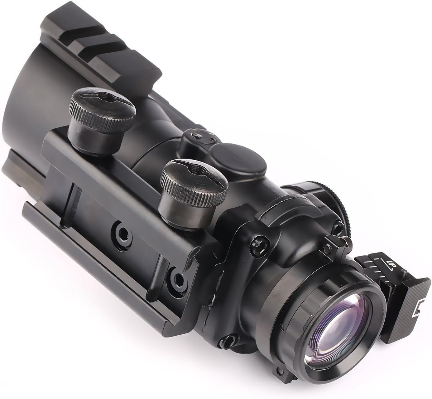 THEA Prism 4x32 Red Green Blue Triple Illuminated Rapid Range Reticle Rifle Scope W  Top Fiber Optic Sight and Weaver Slots (12 Month Warranty) Image