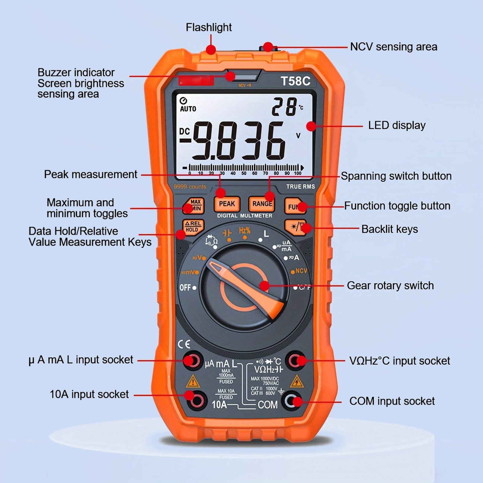 Cyfrowe Multimetr TRM 9999 COUNTS, T58C SMART DC AC Voltmeter Electrical Tester Podświetlenie LED LED LED