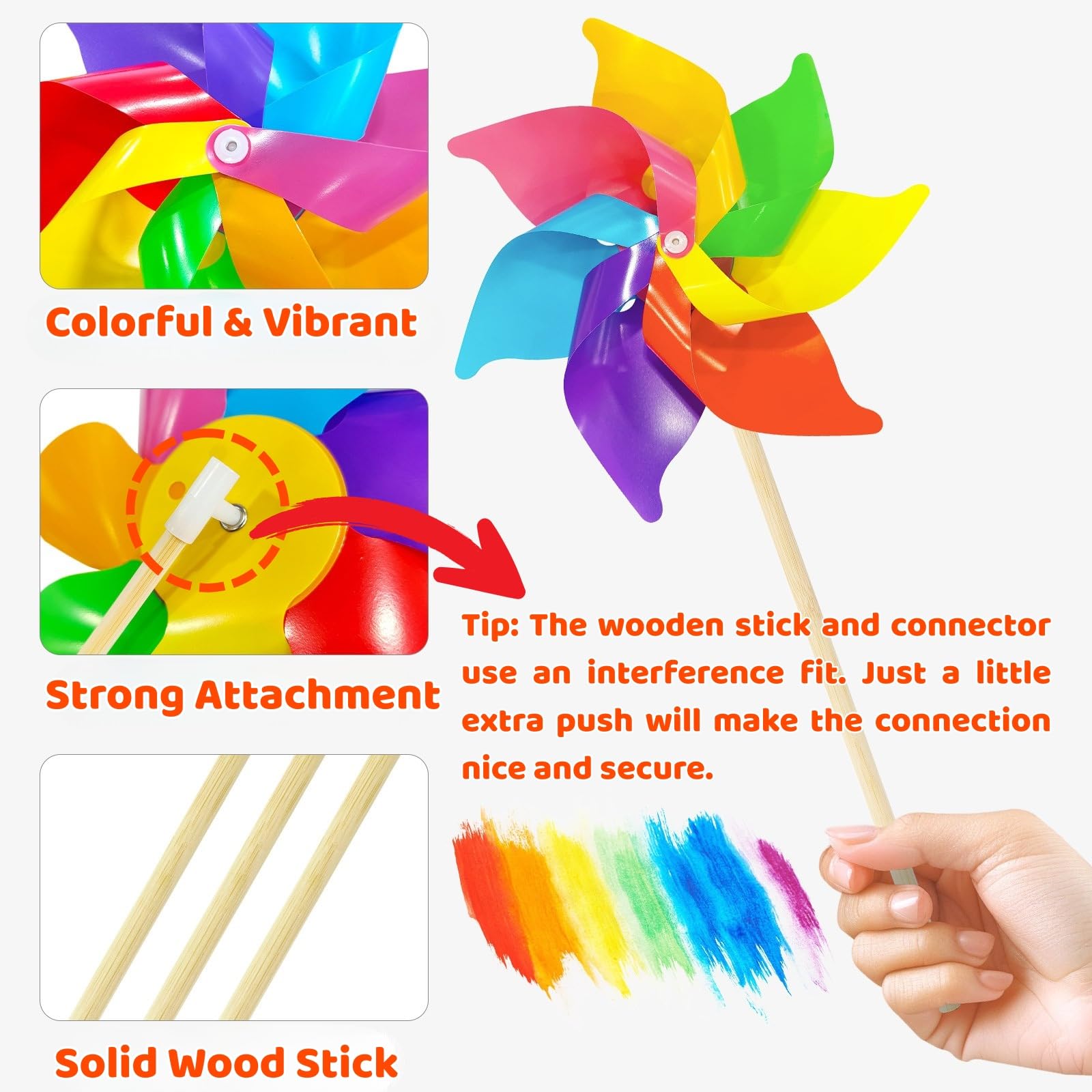 25 PCS Rainbow Flower Pinwheels, 17 Inch Plastic Colorful Windmills with Wood Sticks for Lawn Patio Garden Picnic Party Yard Decoration - Image 3