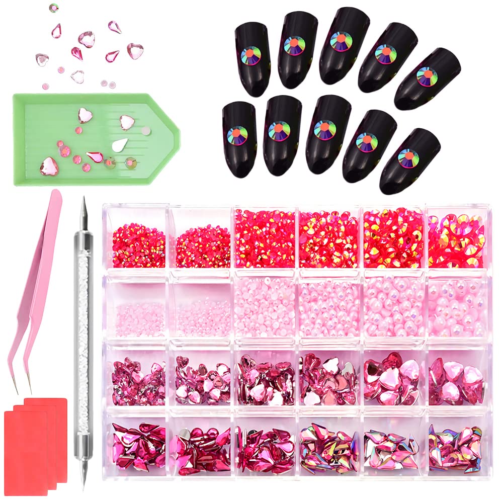 4150Pcs Nail Crystal Rhinestones Kit, Multi Shapes Glass Crystal AB Rhinestones, 3D Diamonds Flatback Crystals for Nail Decoration, with Professional Drill Pen and Nail Tweezer Tray Wax Mud (Pink)