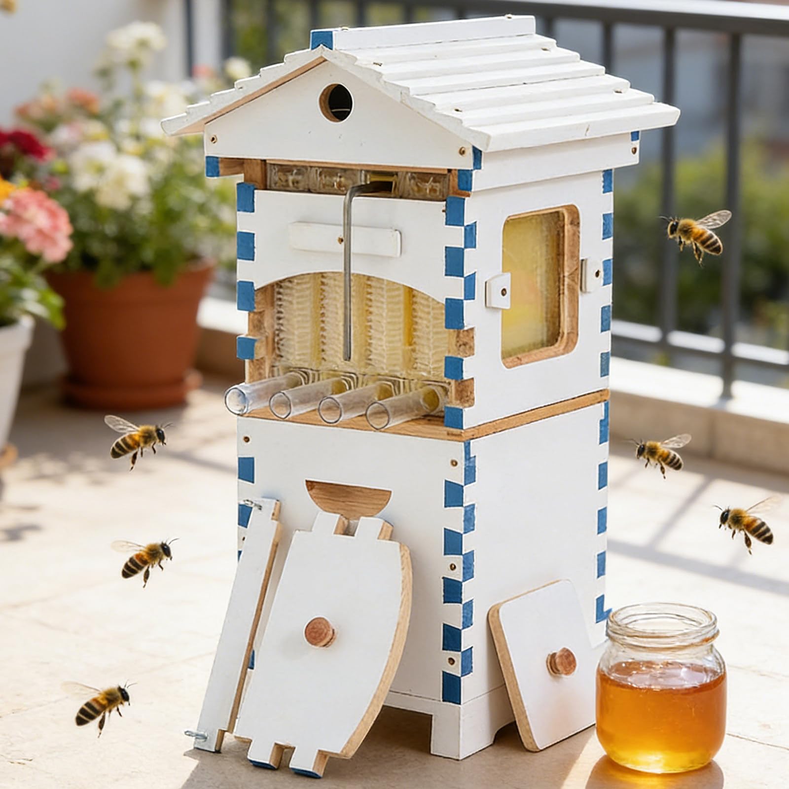 2-In-1-Bienenstock – Bienen Halten Und Honig Ernten Ohne Öffnen, Verbesserter Honigfluss, Mini-Holz-Starterset Für Zuhause, Balkon Und Kleine Bienenstände Bake-Painted
