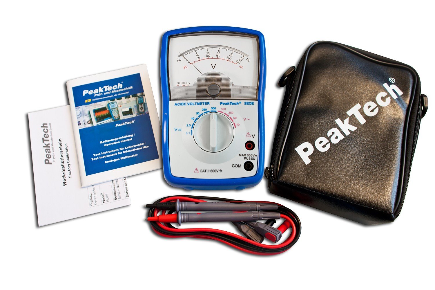 Voltmetro analogico PeakTech P 3202; Cat III 600V; max. 500V AC/DC; 0, 1V/ 2,5V/ 10V/ 50 V/ 250V/ 500V DC e 10V /50V/ 250V/ 500V AC; strumento analogico per casa, auto, barca, moto e hobby