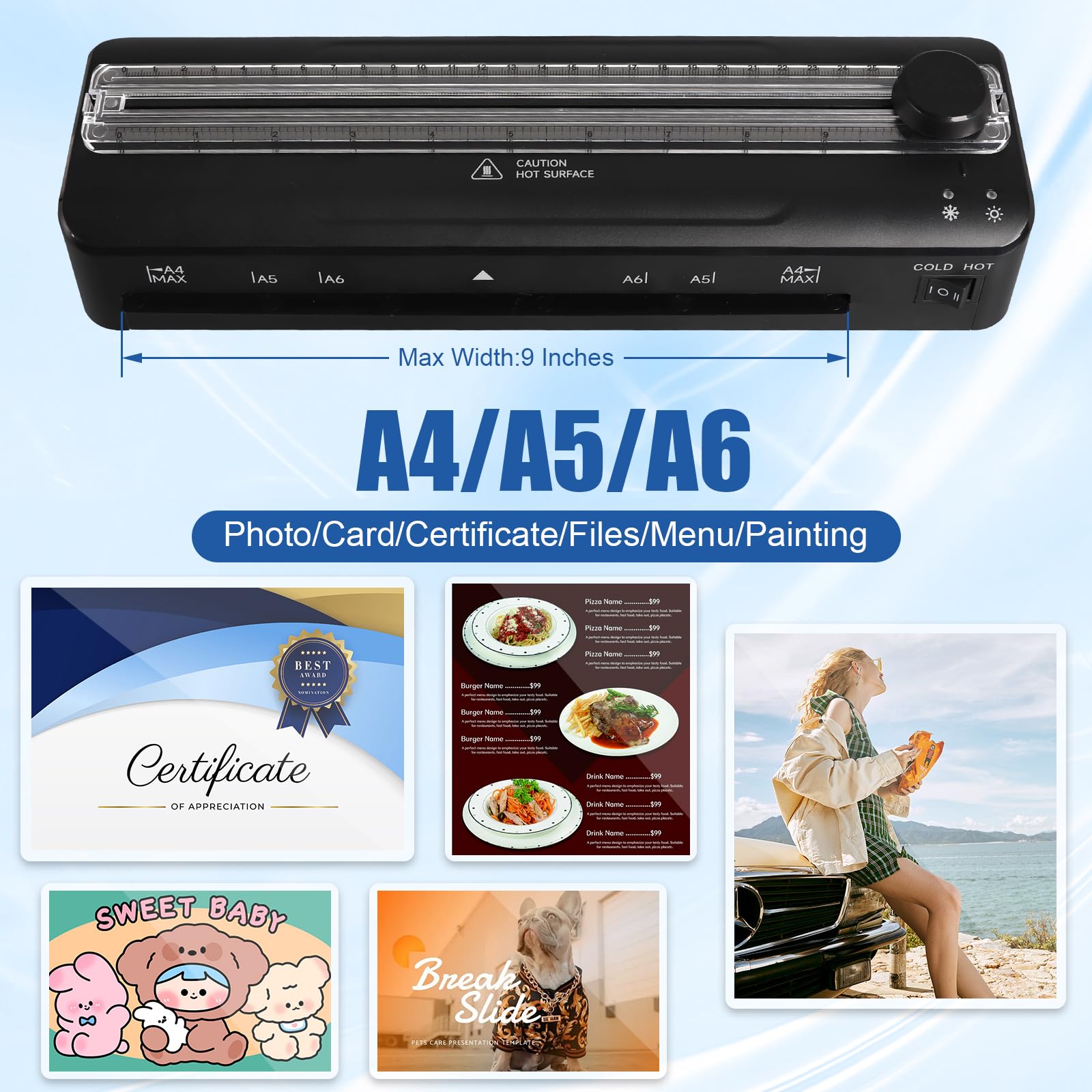 A4 Plastificatrice，5-in-1 Laminatrice a Caldo e a Freddo Plastificatrici for A4 A5 A6， Riscaldamento Rapido, Caldo e Freddo，con Sacchetti di Laminazione con Taglierino