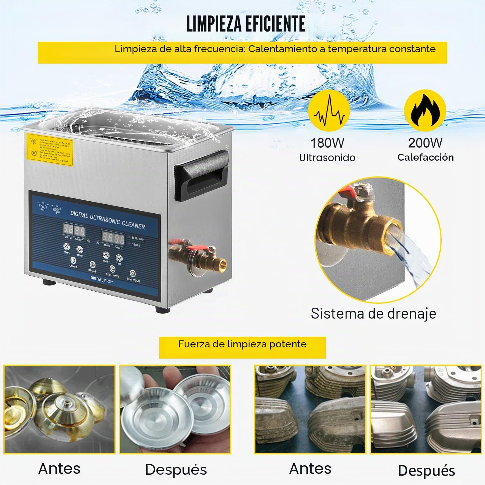 VEVOR Limpiador ultrasónico 6L Limpiador ultrasónico profesional de doble frecuencia 28/40KHZ aparato de limpieza ultrasónico con tanque de acero inoxidable para joyas, gafas, reloj de dientes