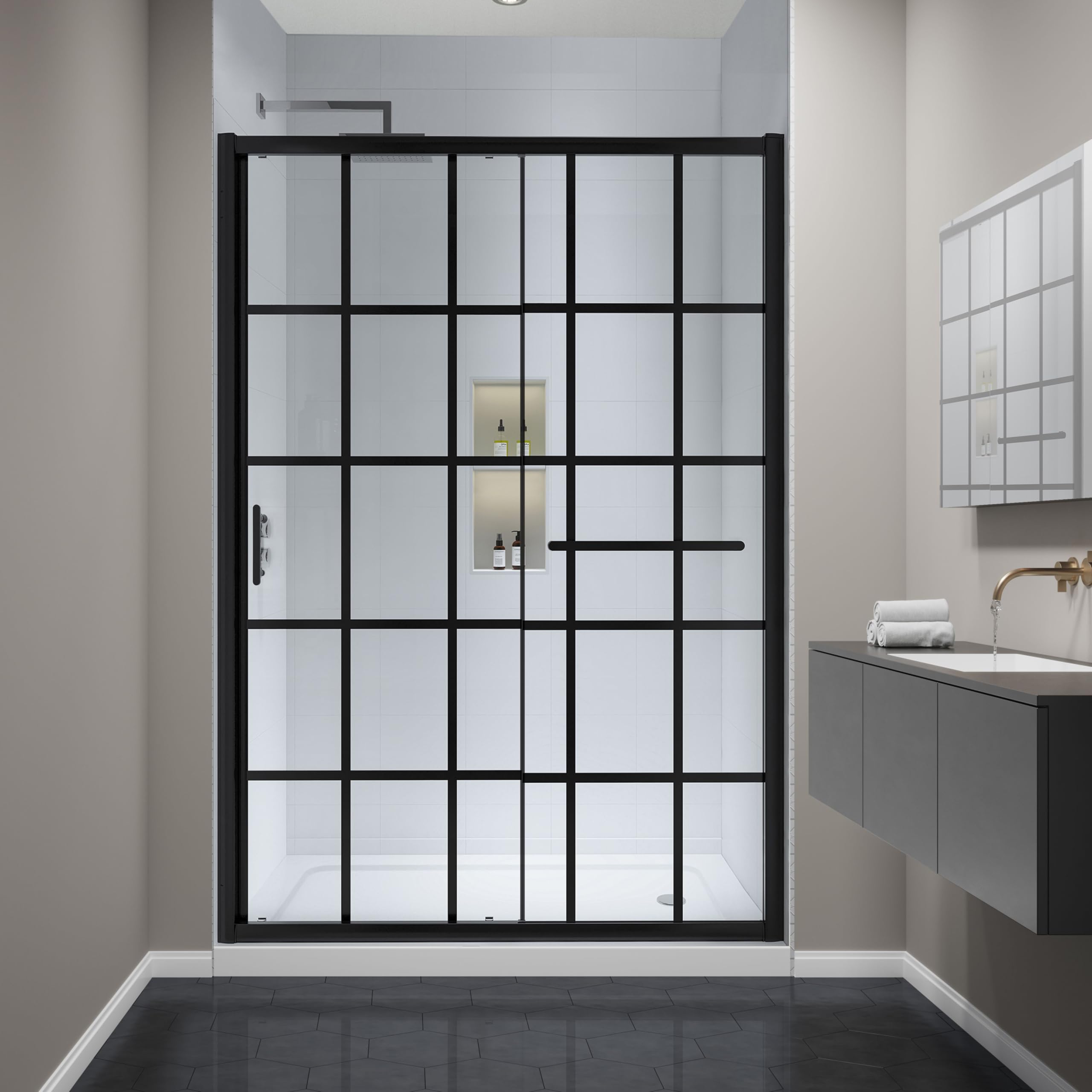 48-50" w x 72" h framed grid pattern single sliding shower door with 1/4" (6mm) clear sgcc tempered glass in matte black finish, reversible installation