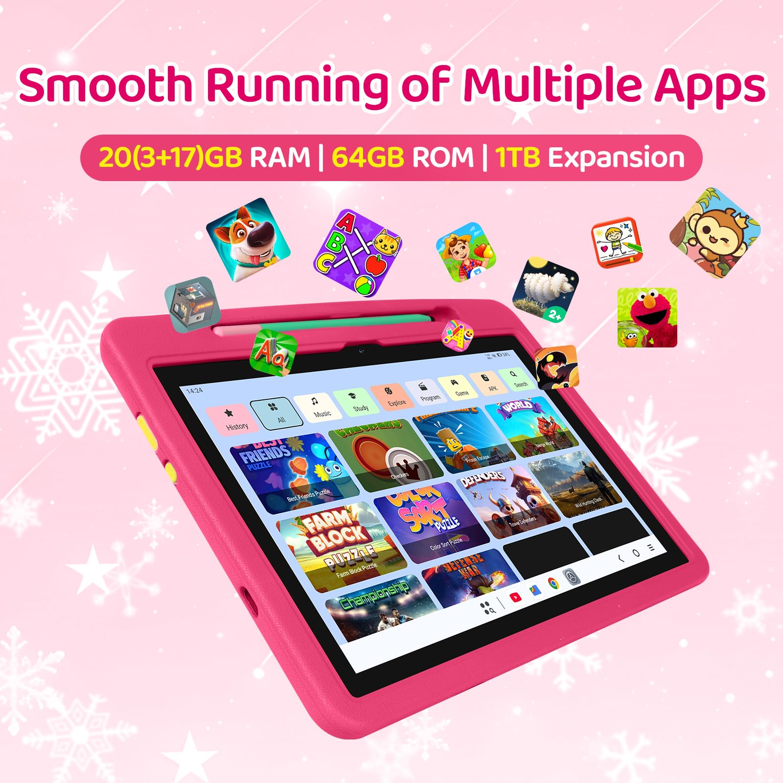 Tablet Bambini Android 16 Pollici 10, 20GB RAM 1TB TF, Batteria 6000mAh, WiFi 6/BT 5.3 - Rosa