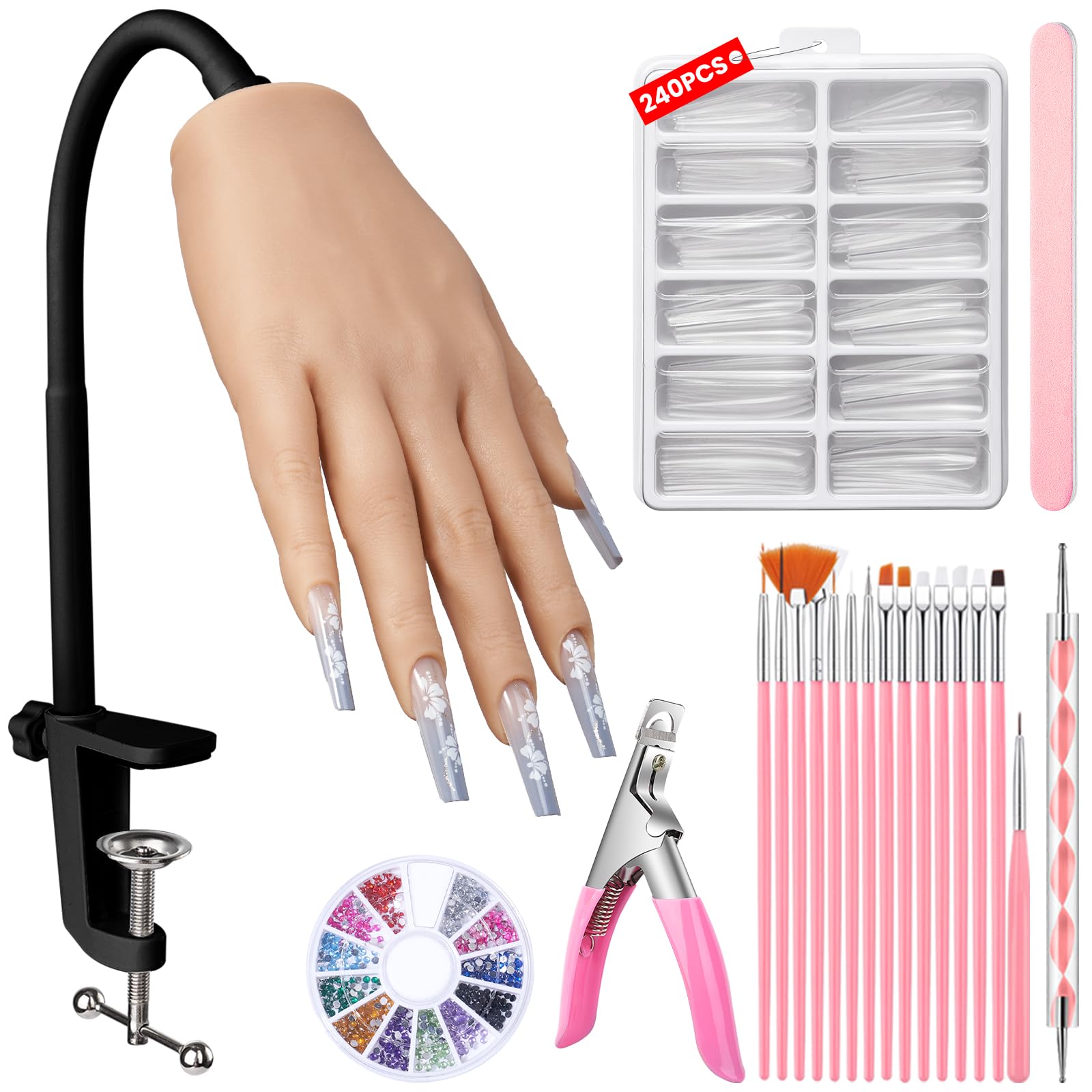 Yokilly Mano para Practicar Uñas: Silicona Mano de Practicas de Uñas - Flexible Mano Articulada Practicas Con 240 Puntas De Uñas/15 PCS Set de Nail Art Cepillo/Archivo De Uñas – Manicura De Uñas