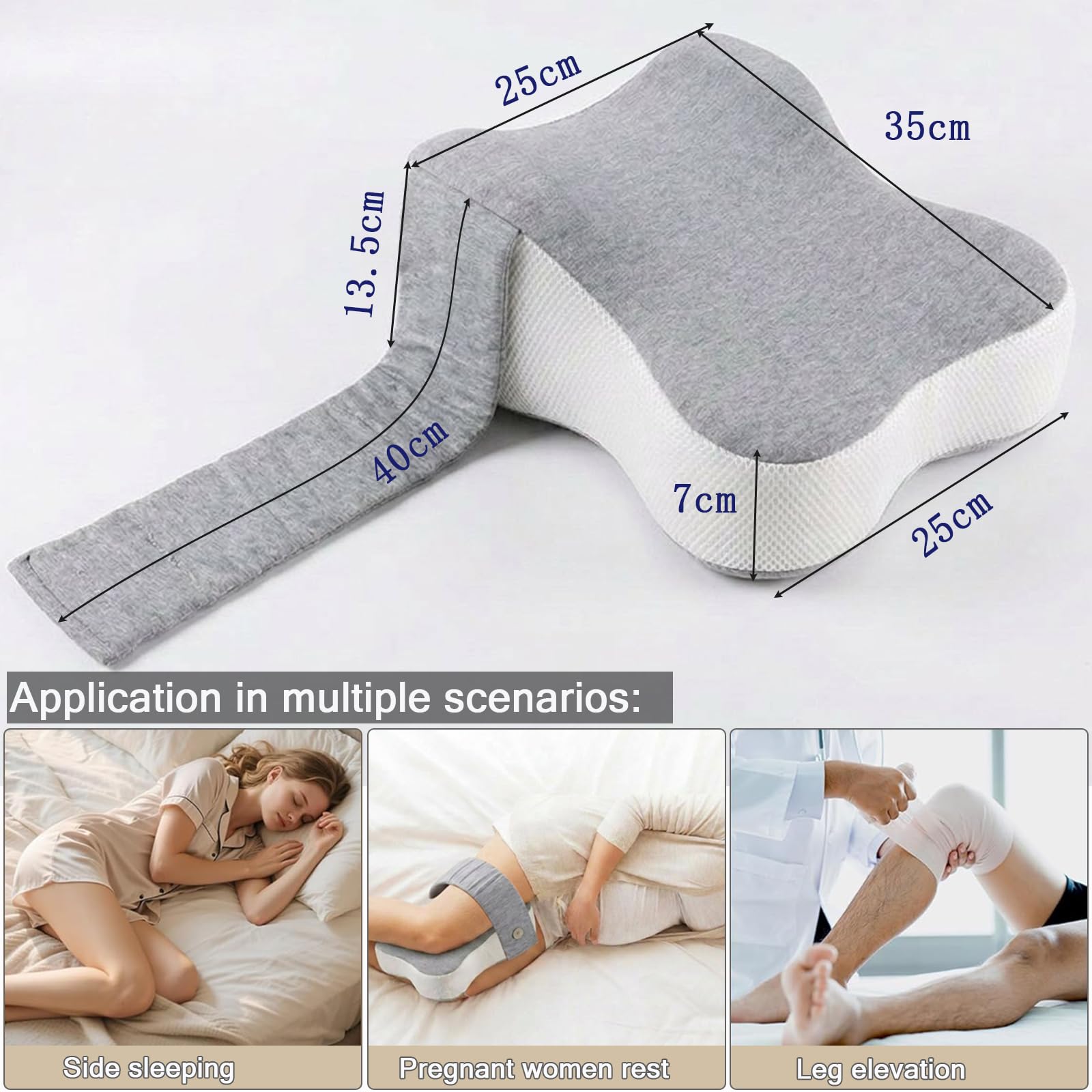 Coussin Genoux pour Dormir, Ergonomique Coussin Entre Jambes pour Dormir sur Le Côté, Mousse à Mémoire de Forme, Sangle Réglable, Housse Amovible, 35 x 25 cm