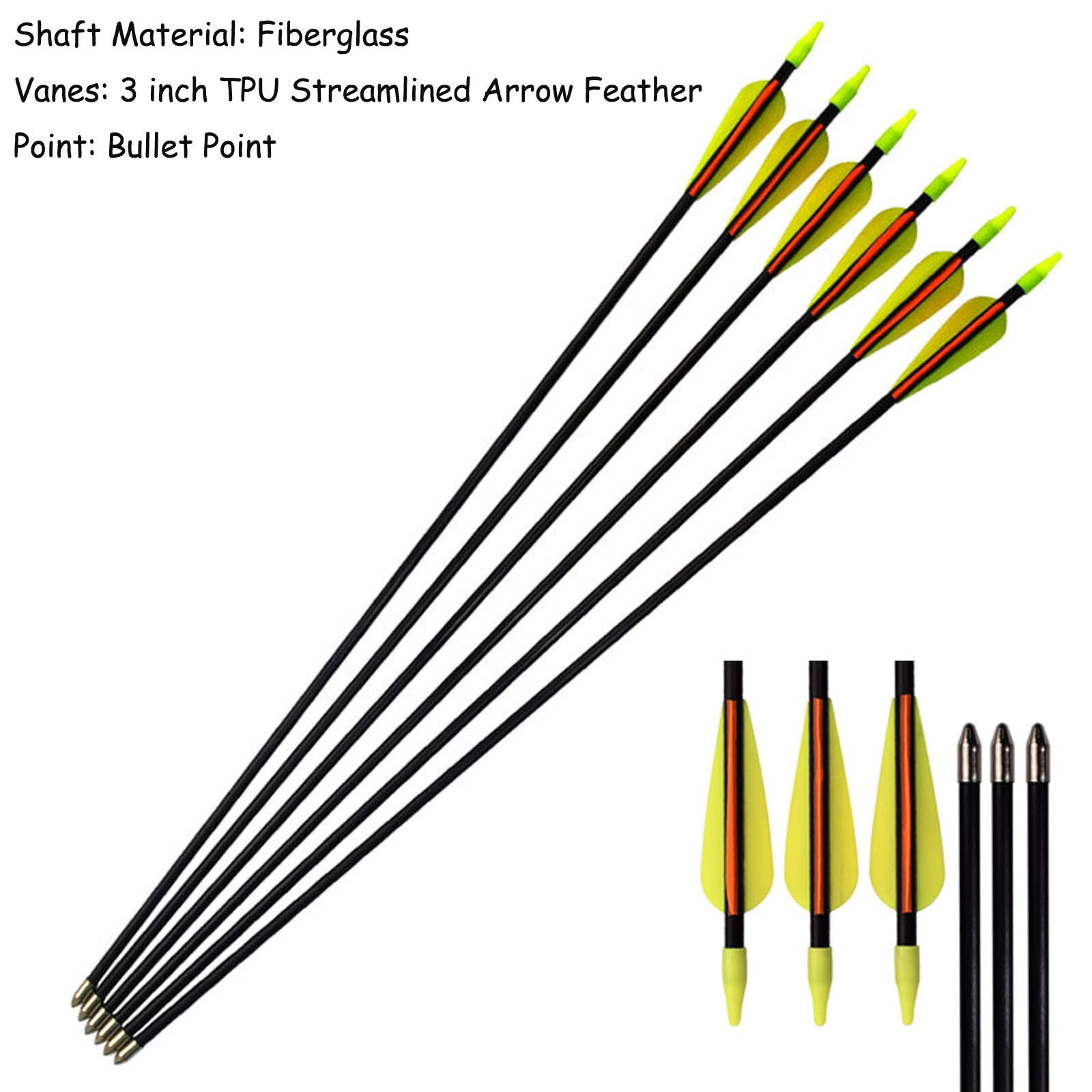 Flèches en Fibre de Verre Flèches d'entraînement 30 Pouces avec Tube de Support de flèche Arcs Classiques en Verre de sécurité adaptés aux Jeunes Enfants Femme débutant