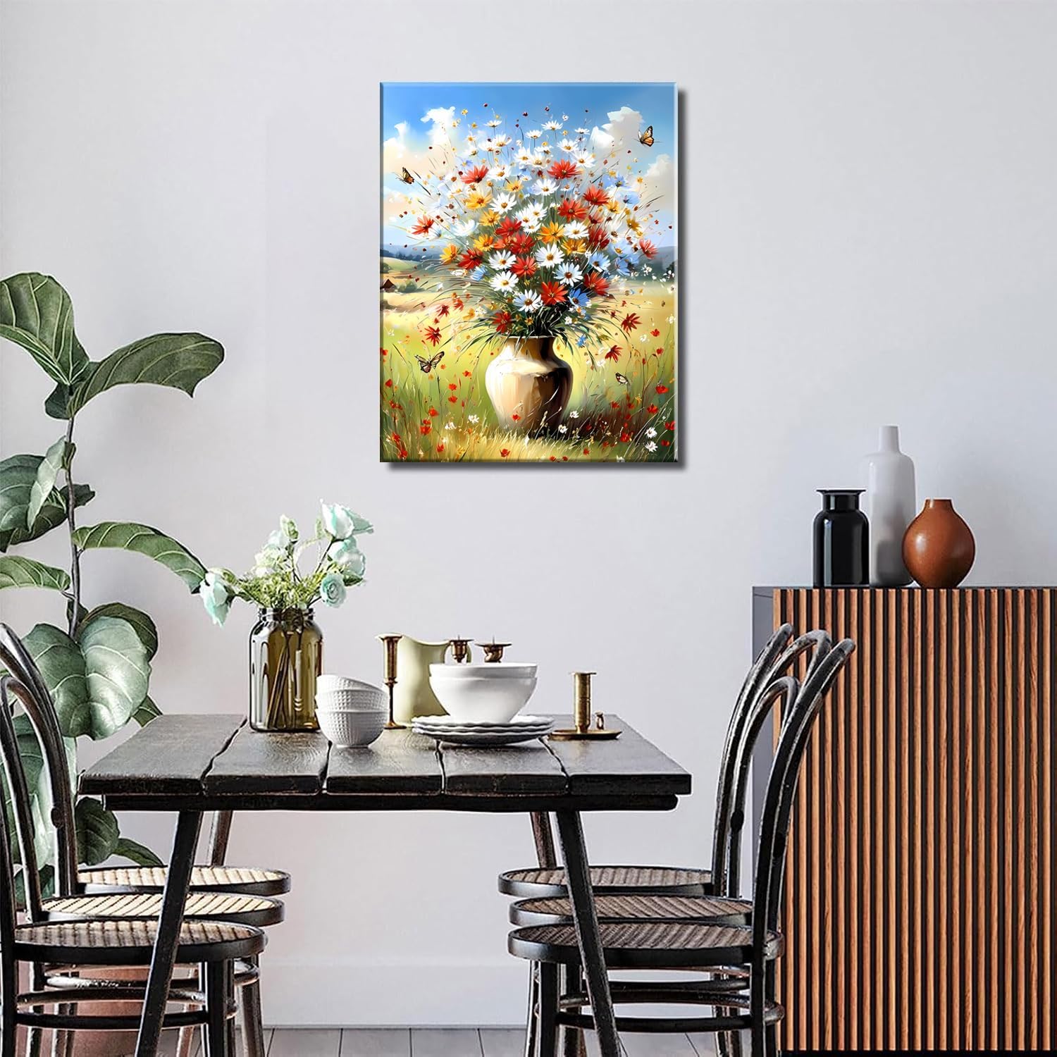 Farmhouse Wildflower Bouquet Canvas Wall Art Colorful Wildflower Canvas Wall Art Vintage Colorful Modern Floral Wall Decor Bedroom Office Decoration (12x16 Inch Framed)