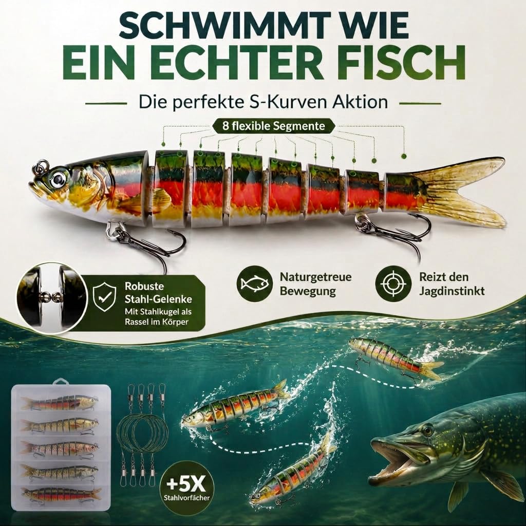 set esche artificiali 5 pezzi in scatola esche da pesca per la pesca dei predatori - spine multi-pezzo con snodo per una corsa realistica a lento affondamento