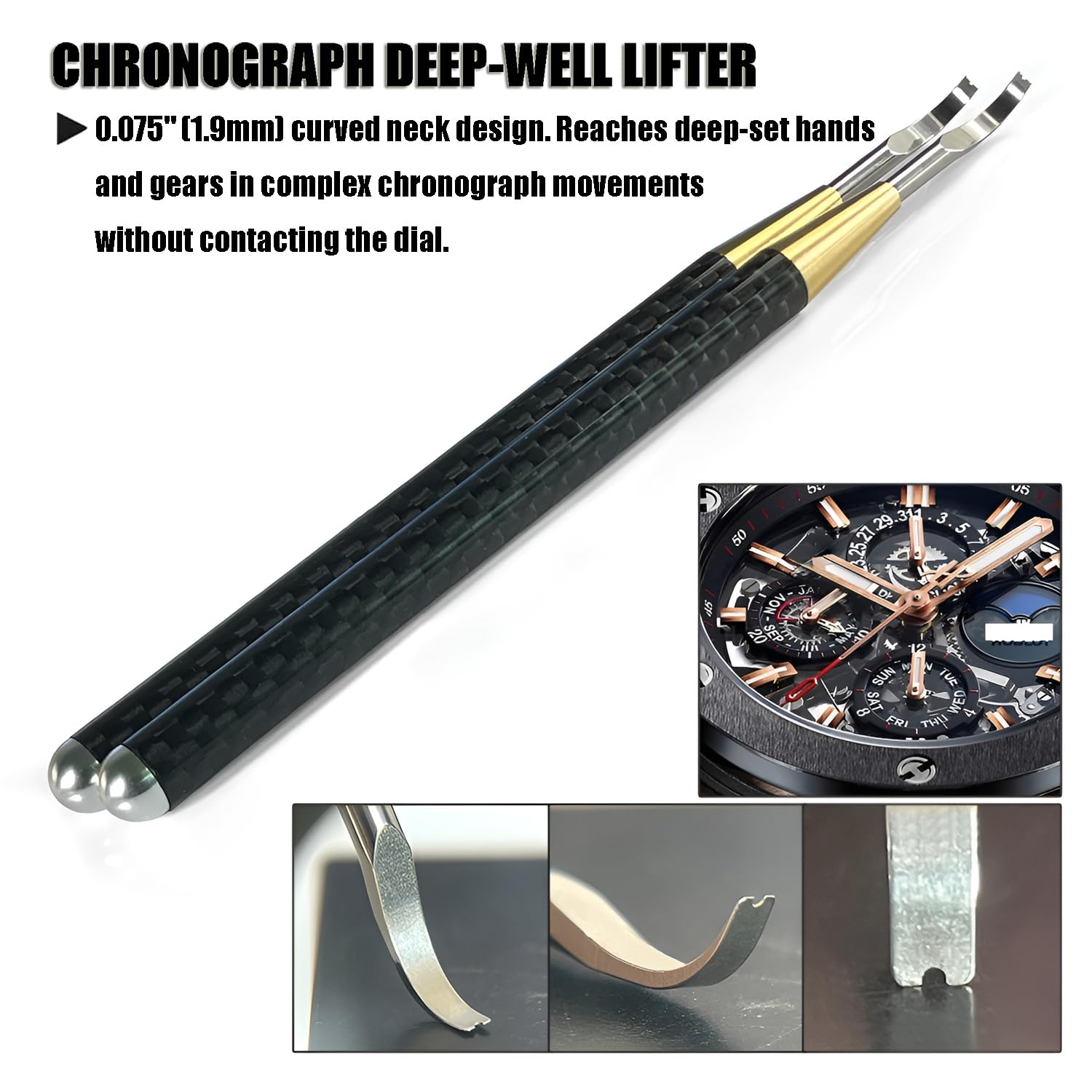 Professionelles Uhrmacher-Komponenten-Heber-Set – Karbonfaser-Griff, Präzisions-Hebelwerkzeug für Uhrwerkrad, Chronograph-Getriebe und Haarfederentfernung, kompatibel mit Cal. 7750, 2000, 2235