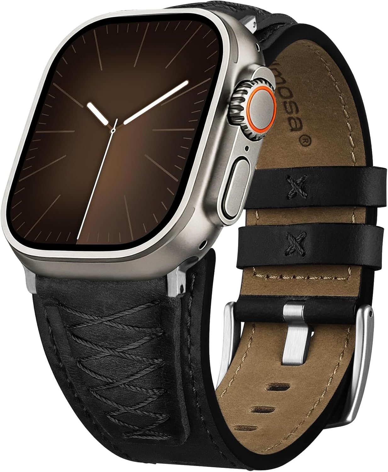 Fullmosa Leather Band Compatible with Apple Watch Ultra 3/2/1 Band 49mm 46mm 45mm 44mm 42mm Men, Top Grain Leather Replacement Strap for iWatch series 11 10 9 8 7 6 5 4 3 2 1, SE 3 2 1,Black+Silver