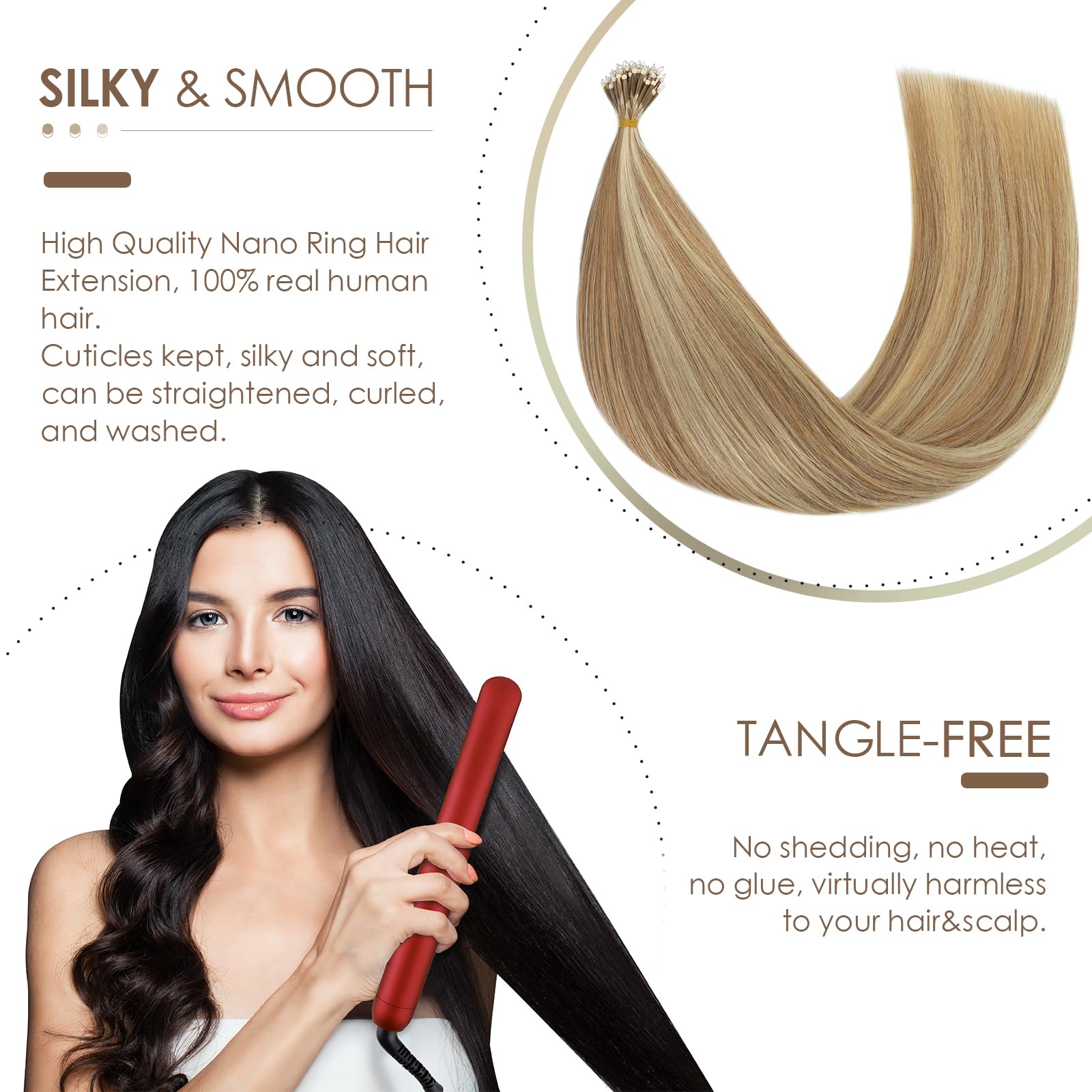 Silk-co Nano Ring Tip Hair Extensions Real Human Hair 24inch 1g/s Pre Bonded 50g Beads Bondings Cold Fushion #12P613 Golden Brown&Bleach Blonde With Nano Beads Cold Fusion 50 Strands - Image 4