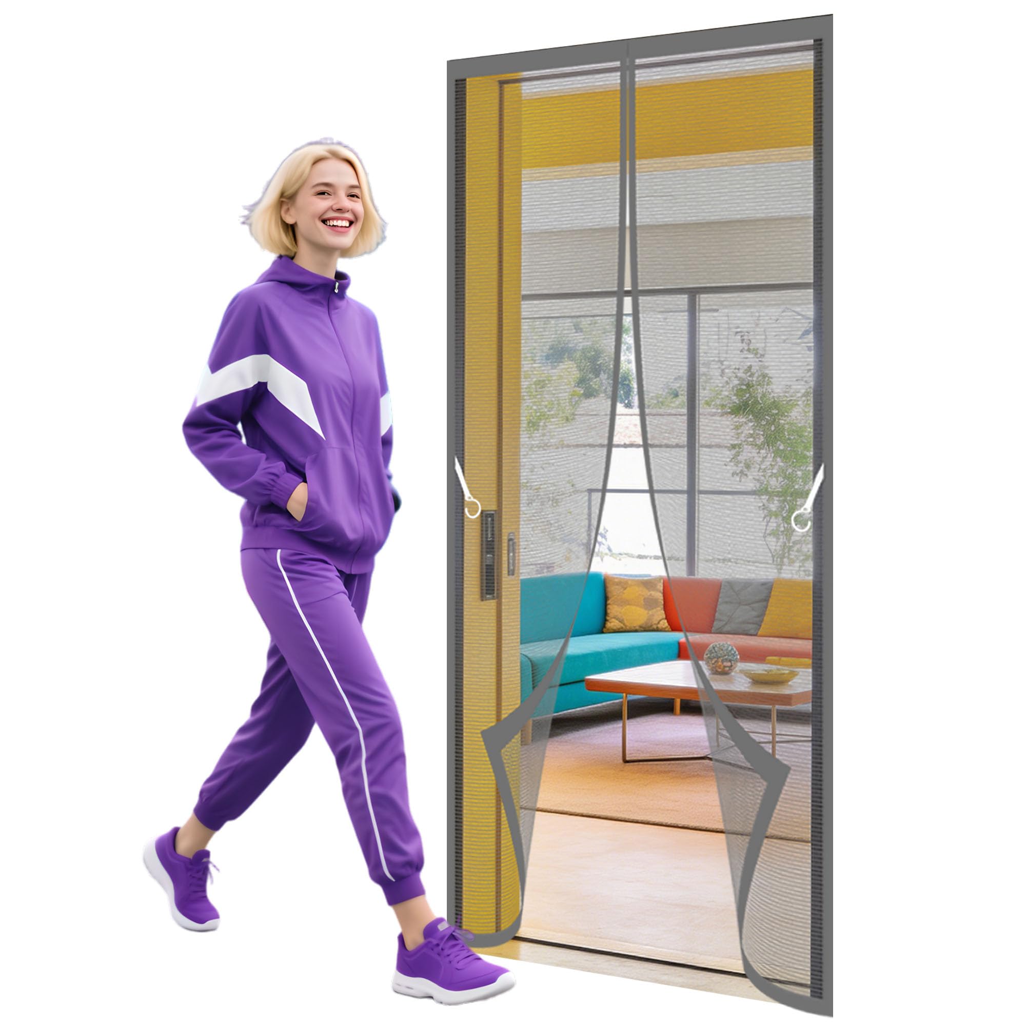 Fly Screens Doors 79 x 188 cm No Drill Installation Fly Screens Doors Keeping Out Flies Bug Suitable for Patio Room Balcony Bedroom, Grey