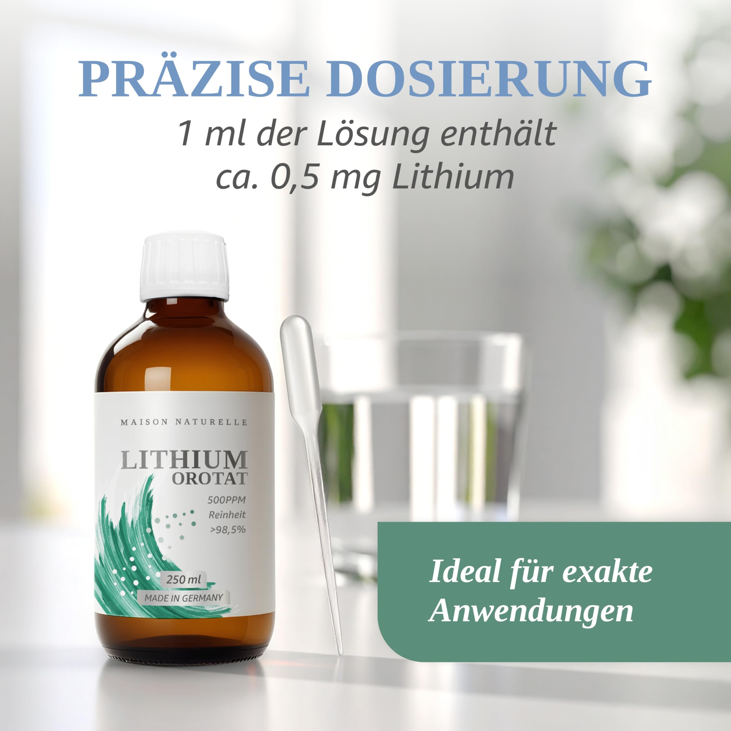Maison Naturelle ® flüssiges Lithium (250 ml) - Lithium Tropfen 0,5 mg – 500 ppm Fertiglösung mit über 98,5 % Reinheit (250 ml (1er Pack))