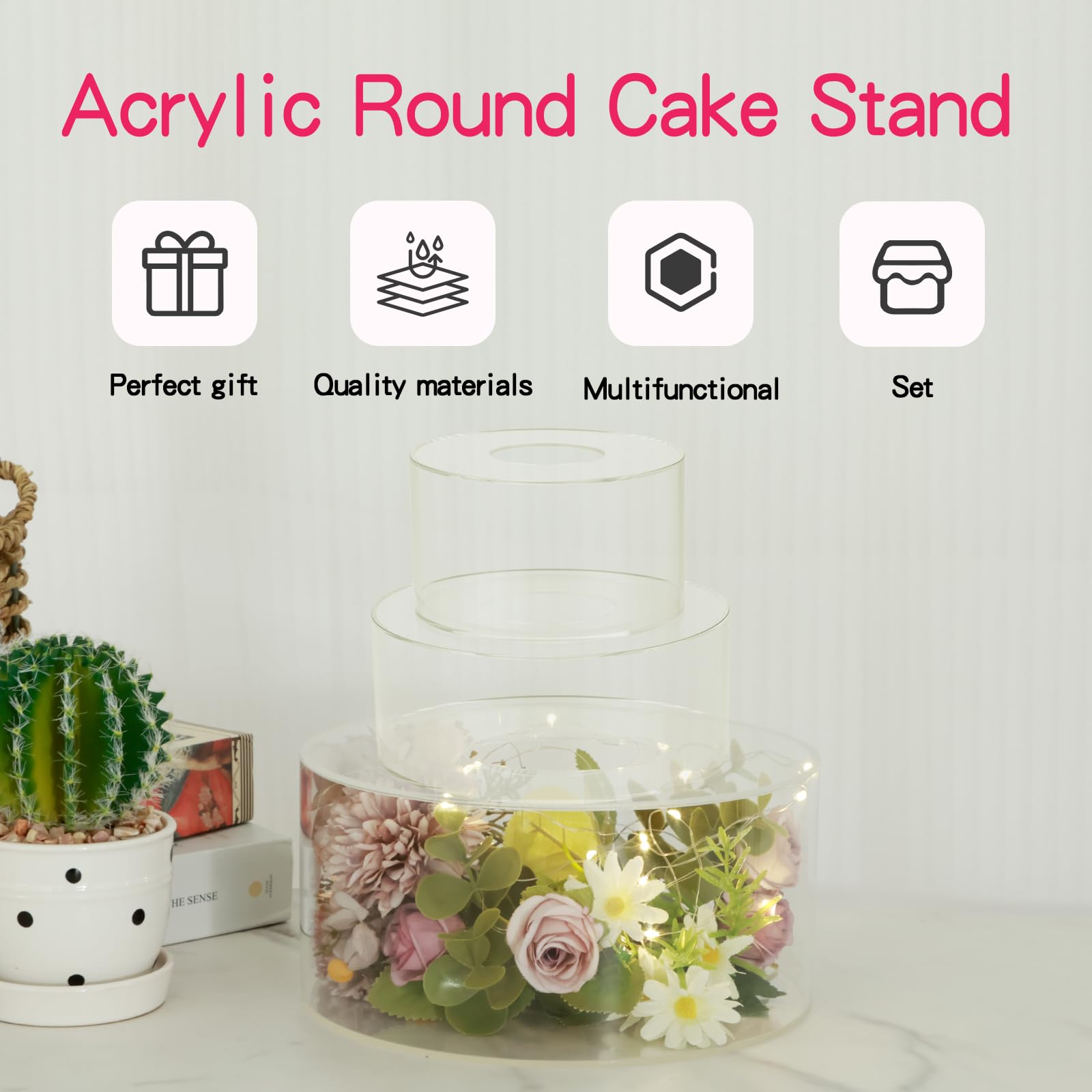 Alzate Per Torte 3 Livelli In Acrilico Con Luci LED - 25, 30 E 35 Cm - Trasparenti E Riempibili Per Matrimoni E Feste - 4