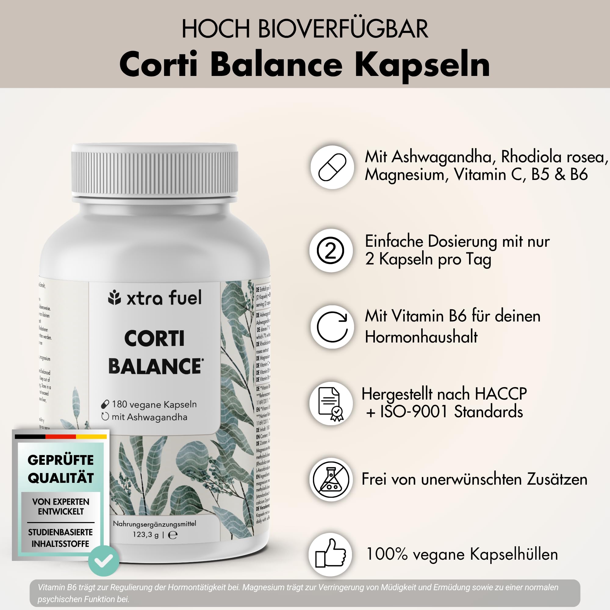 Cortisol Balance - 180 Kapseln (hochdosiert) – mit Ashwagandha, Rhodiola Rosea, Magnesium, Vitamin C, B5 & B6 – vegan, zertifiziert & laborgeprüft - Corti Balance