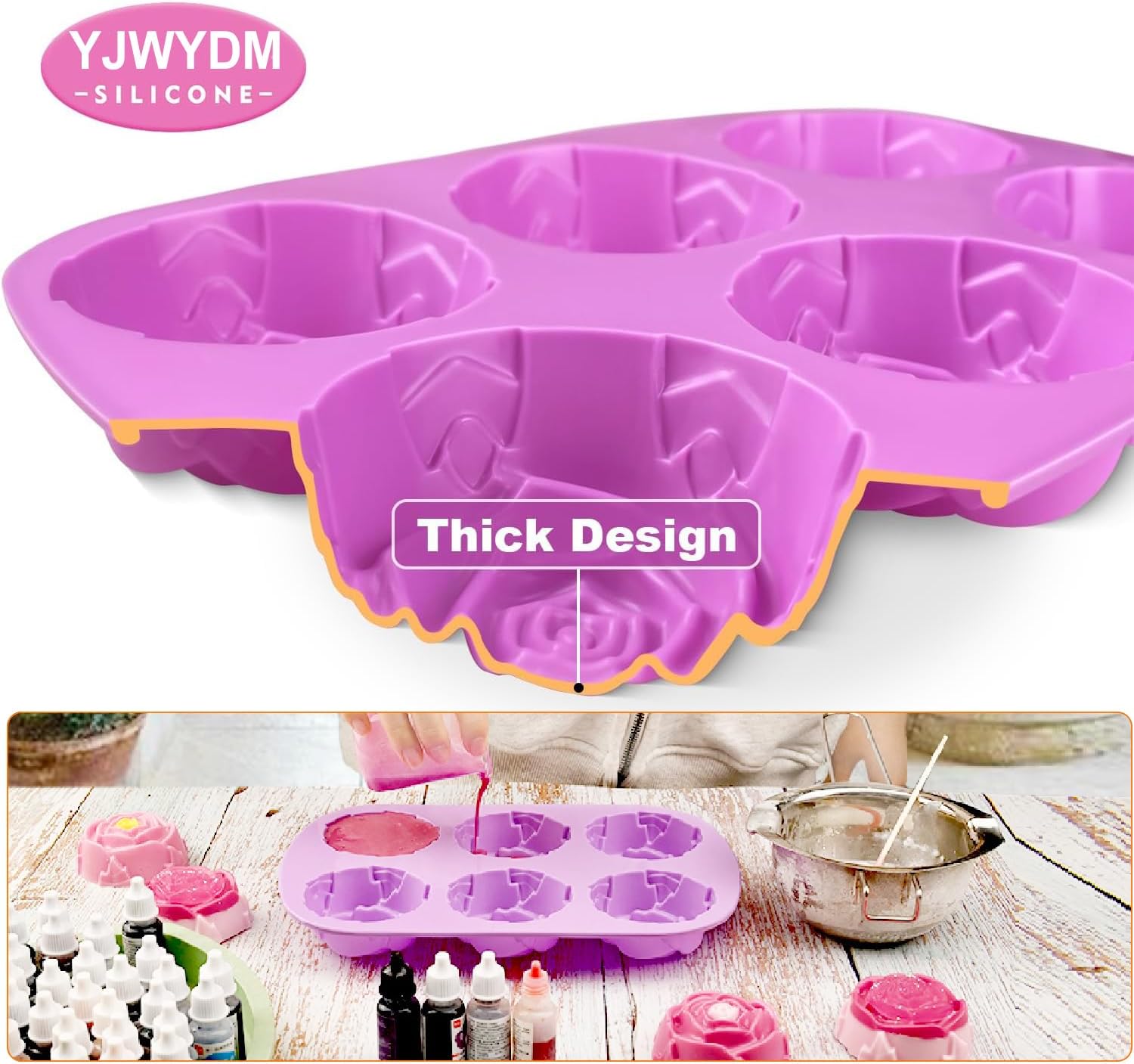 Silicone Rose Mold, 2 PCS 6 Cavity Silicone Flowers Shaped Ice Cube Mold, Food Grade Silicone BPA Free Soap Mold, Candy Molds Perfect for Soap, Ice, Mousse, Cake, Jelly, Chocolate Making, Pink