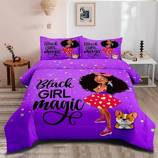 GRAT TIOC Black Girl Magic Comforter Set Queen Size,Black Girl Bedding Set,African American Girl Comforter Set,Black Princess Bed Set Afro Girl Bedroom Decor