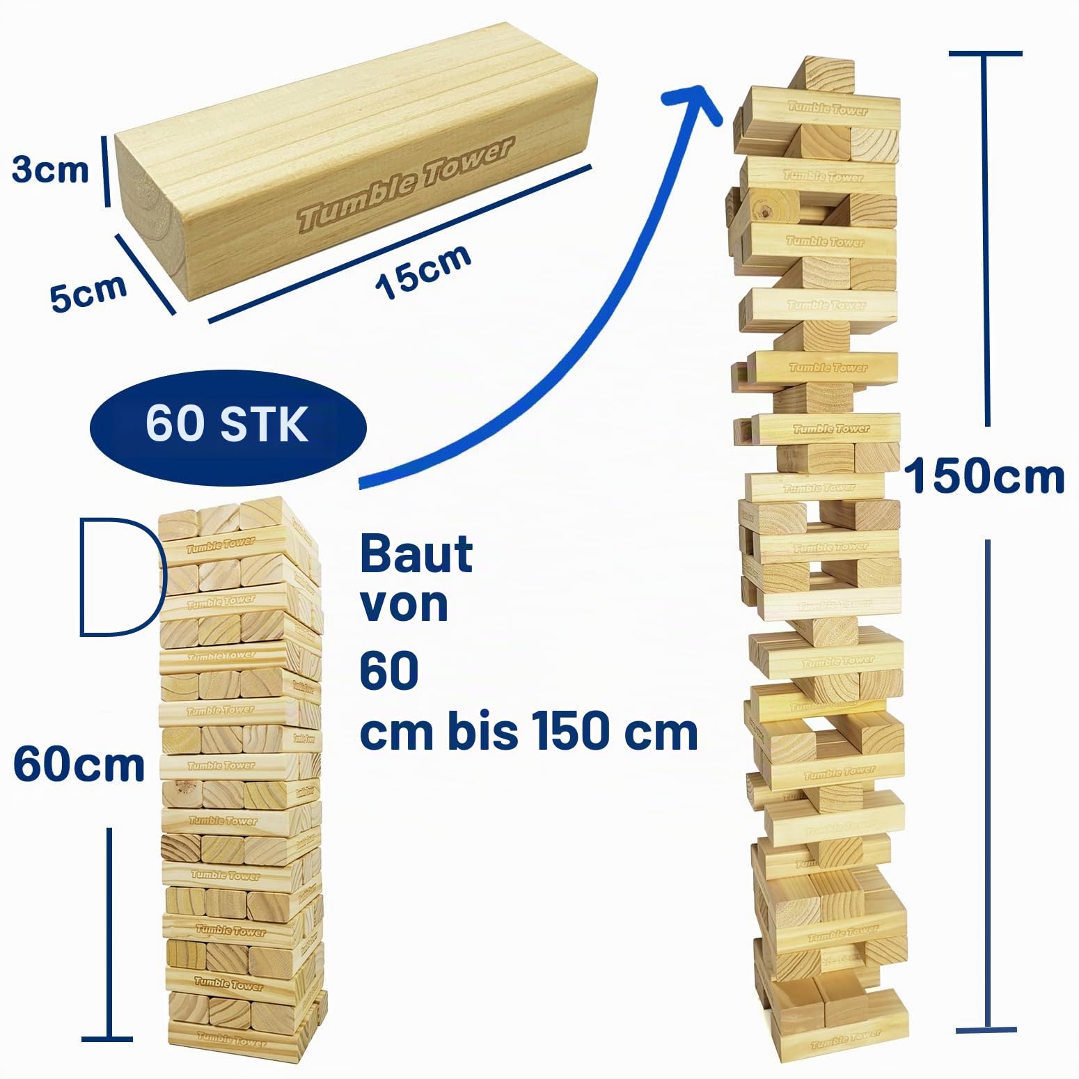 Jac & Mok Jumbo-Trommelturm-Spiel, 60 Stück, aus Holz, Spielzeug mit Tragetasche, hochwertiges Kiefernholz-Material (von 60 cm bis 150 cm)
