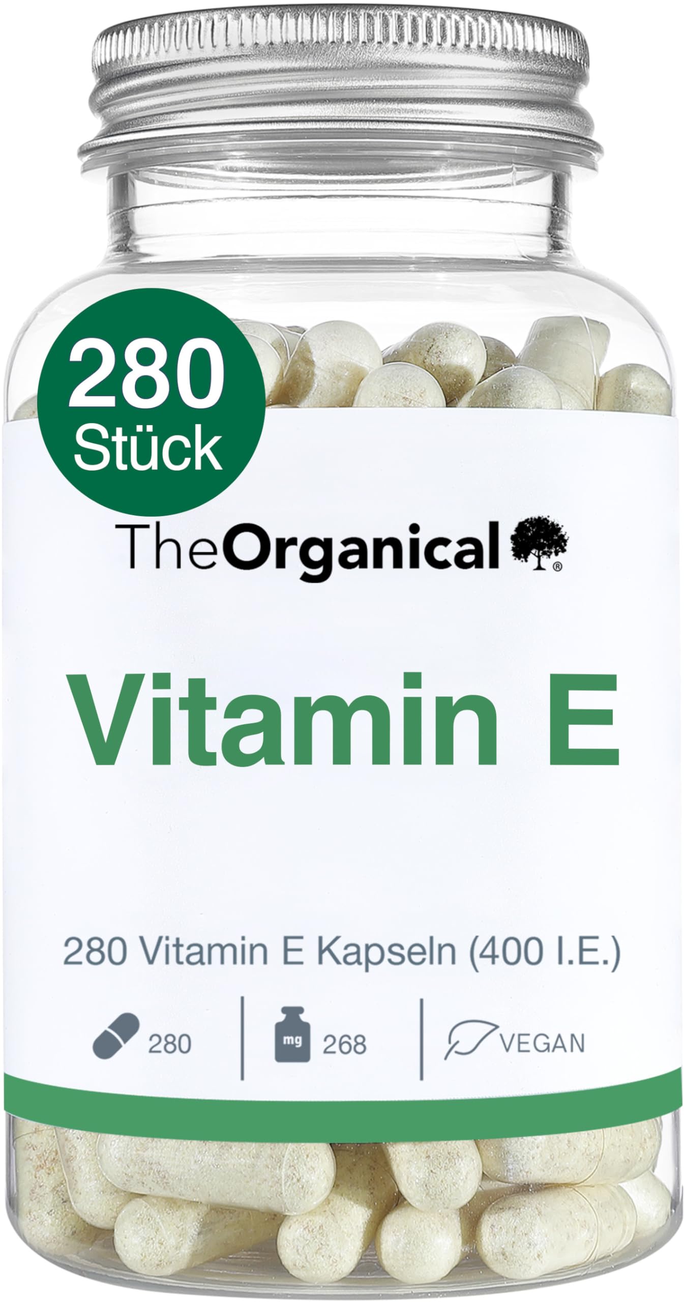 Neu: TheOrganical® Vitamin E Kapseln | Vegan & Ohne Zusatzsoffe | 268 mg (400 IE) | 280 Kapseln | Made in Germany | Vitamin E Hochdosiert | Tocotrienol